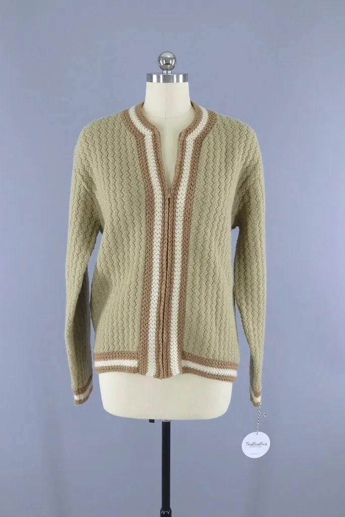 1960s Vintage Tan Wool Zip Front Cardigan Sweater