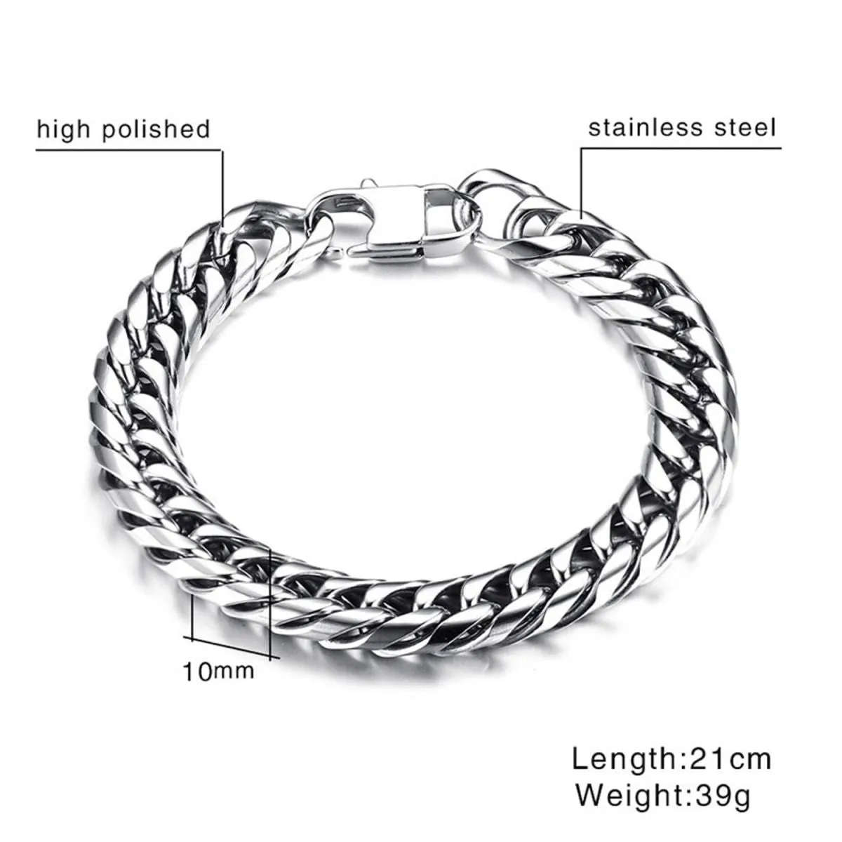 316L Stainless Steel Classic 3D Curb Rhodium Plated Bracelet For Men