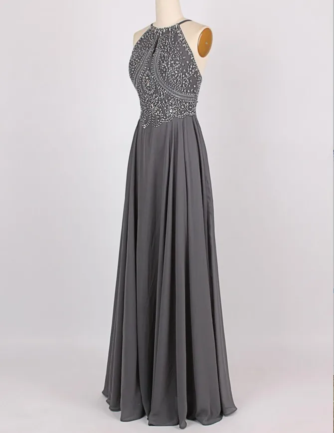 A-Line Halter Sleeveless Long Cheap Backless Grey Chiffon Prom Dresses with Beading, TYP1291