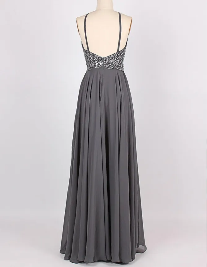 A-Line Halter Sleeveless Long Cheap Backless Grey Chiffon Prom Dresses with Beading, TYP1291