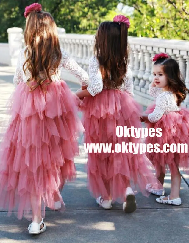 A-Line Round Neck Hot Pink Tulle Flower Girl Dress with Lace, TYP0950