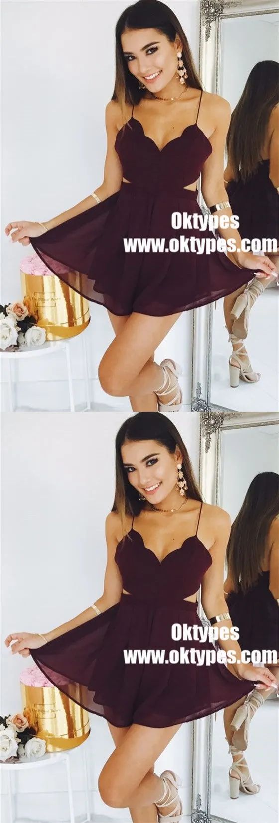 A-Line Spaghetti Straps Cut-Out Burgundy Chiffon Homecoming Dress, TYP0944