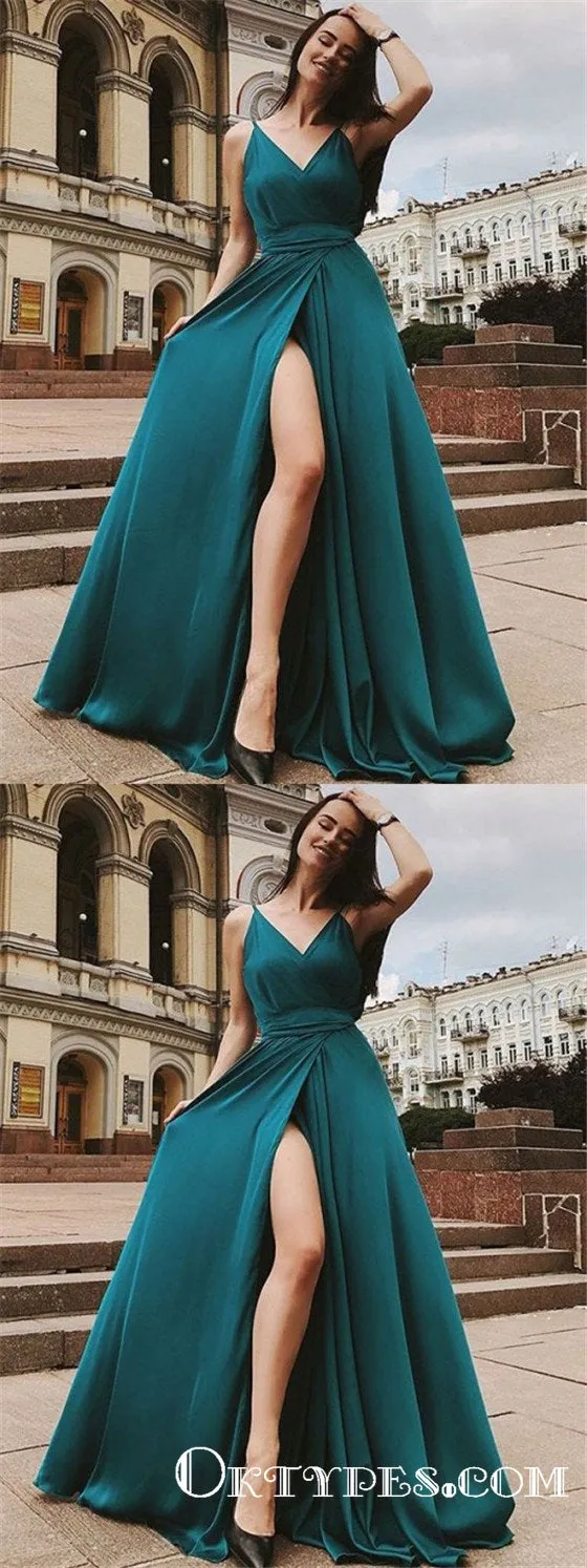 A-Line Spaghetti Straps Sleeveless Green Floor Length Prom Dresses, TYP1867