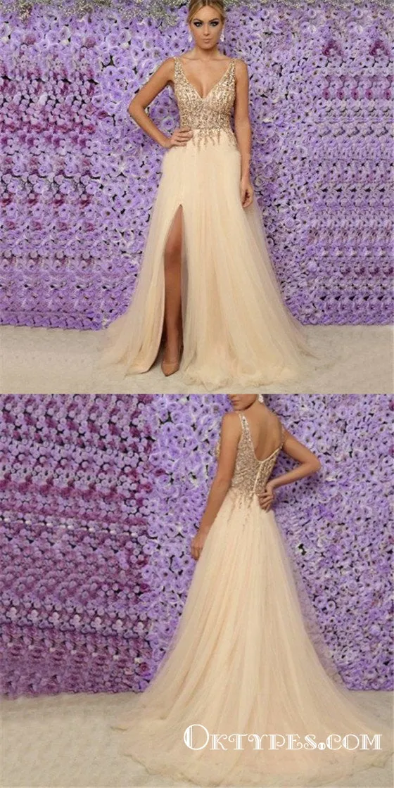 A-Line V-Neck  Champagne Beaded Long Cheap Prom Dresses With Slit, TYP1623