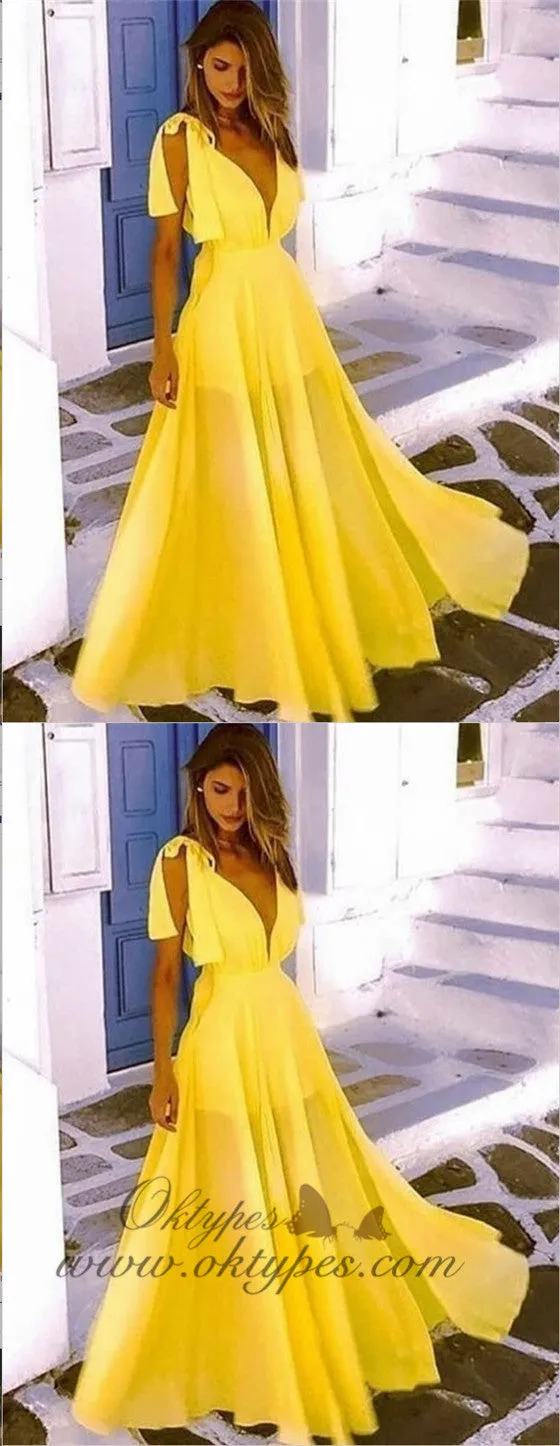 A-Line V-Neck Low Cut Long Cheap Yellow Chiffon Prom Party Dresses Online, TYP1294