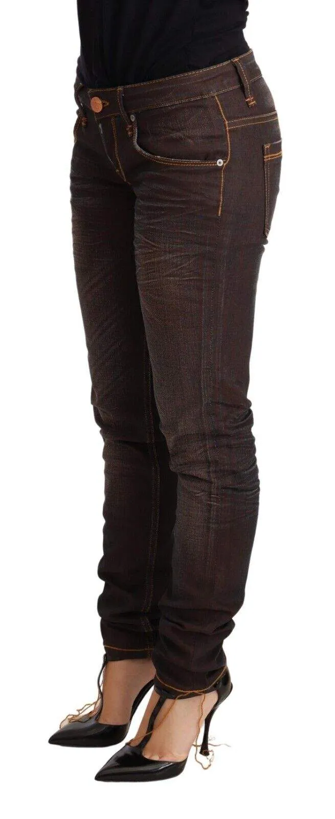 Acht Brown Washed Cotton Slim Fit Denim Low Waist Trouser Jeans