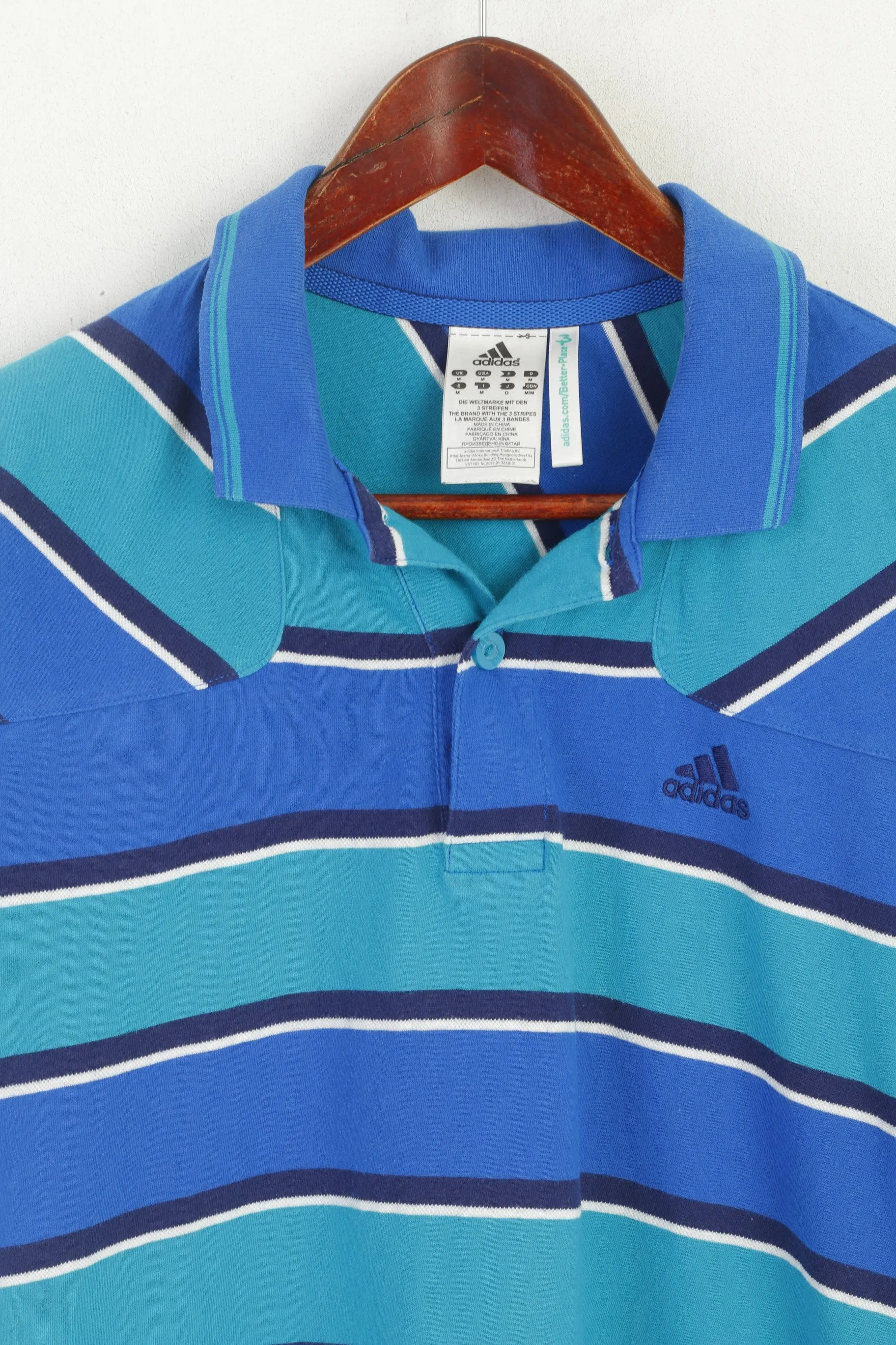 Adidas Men M Polo Shirt Blue Striped Organic Cotton Vintage Detailed Buttons Top