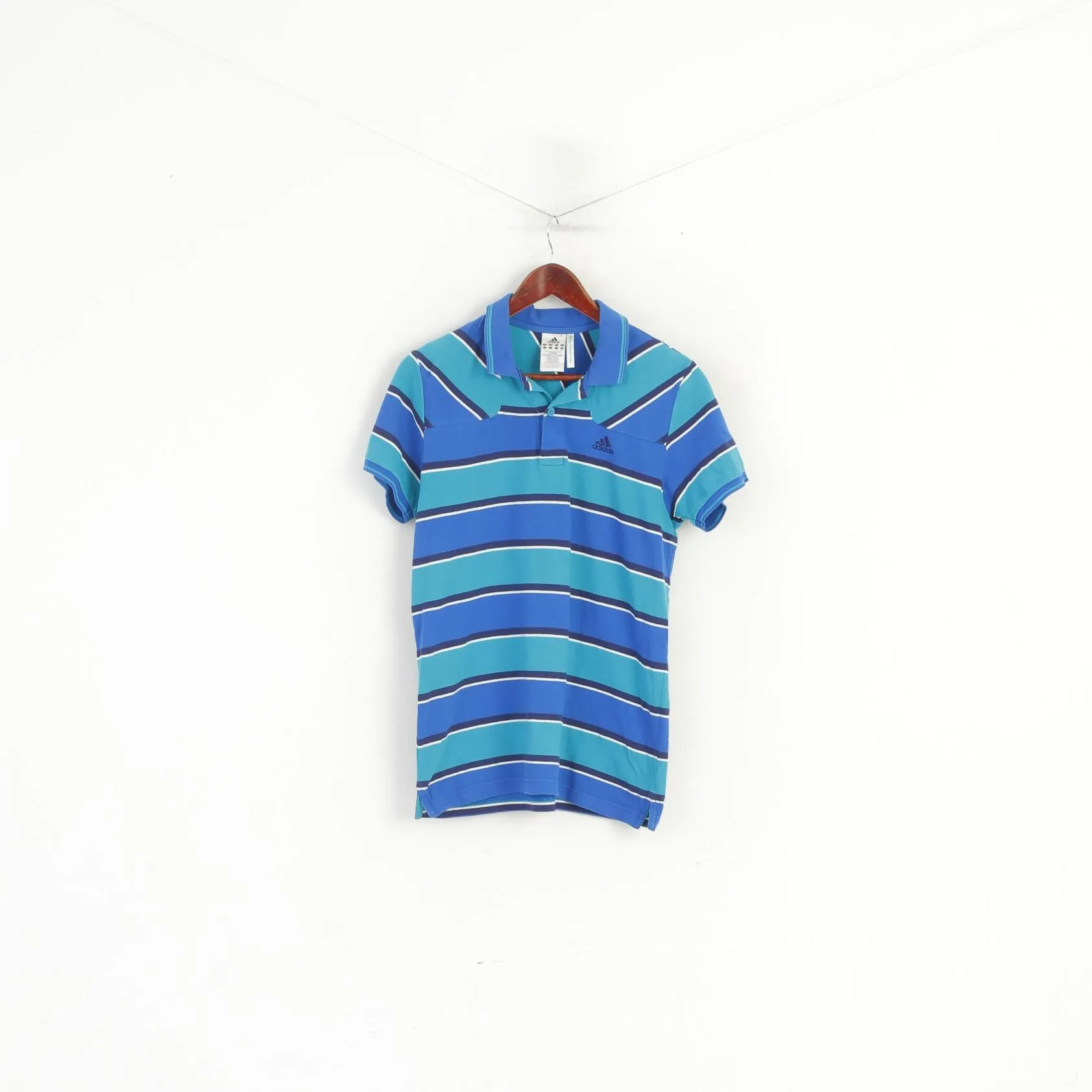 Adidas Men M Polo Shirt Blue Striped Organic Cotton Vintage Detailed Buttons Top