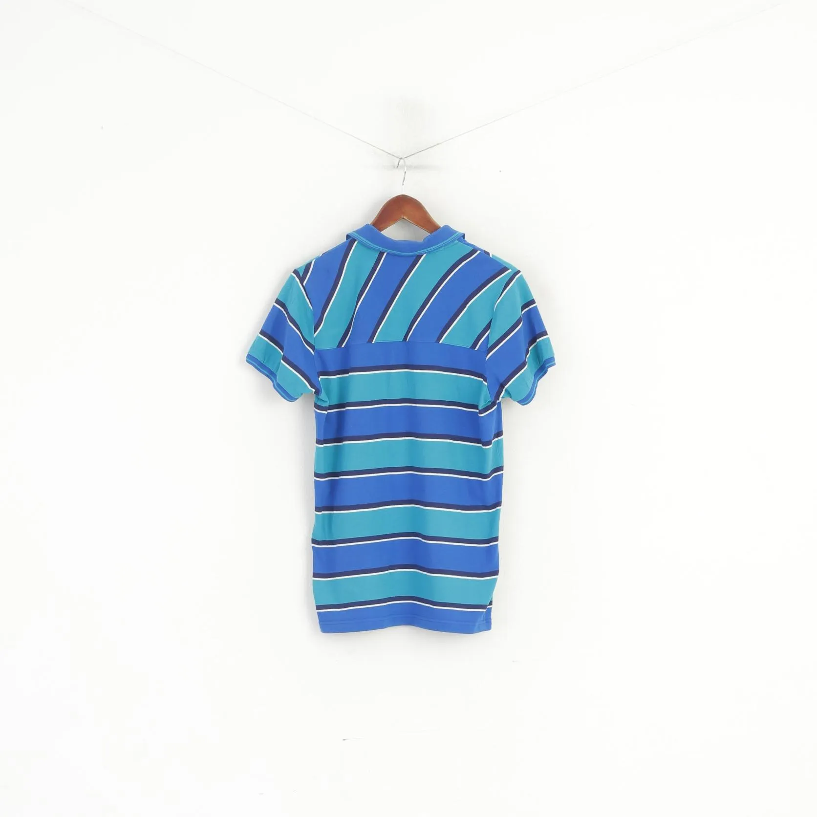 Adidas Men M Polo Shirt Blue Striped Organic Cotton Vintage Detailed Buttons Top