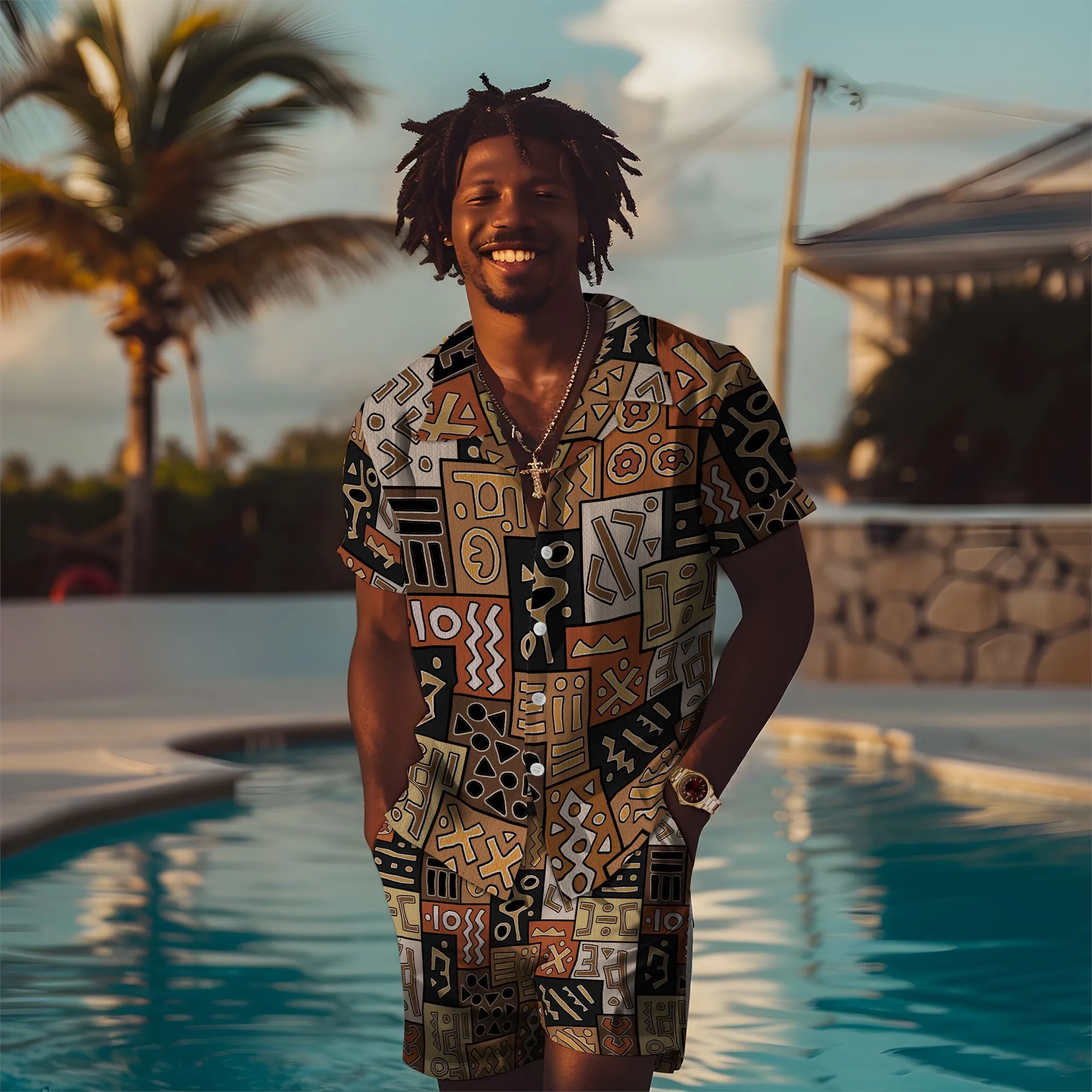 African Pattern Hawaiian Shirt And Shorts Set