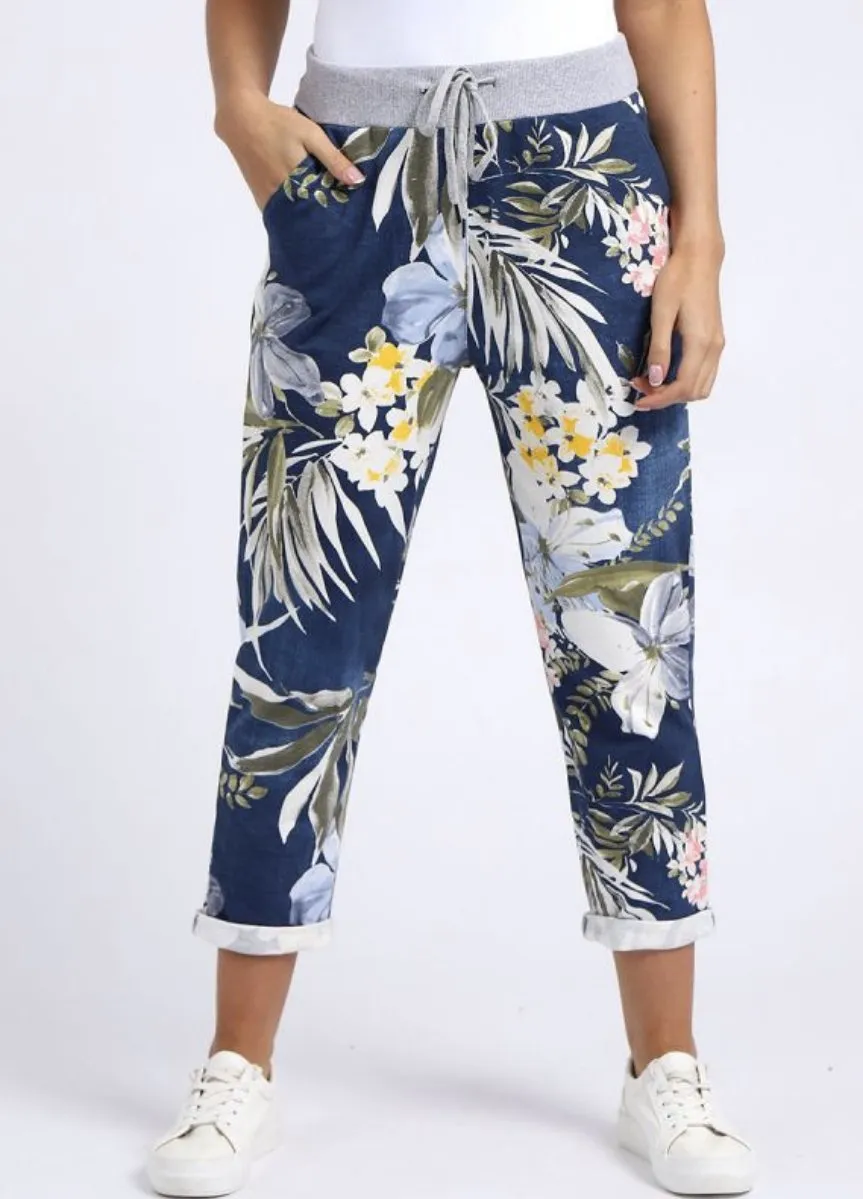 Anne   Kate Italian Tropical Floral Dark Denim Print Trousers 14-18