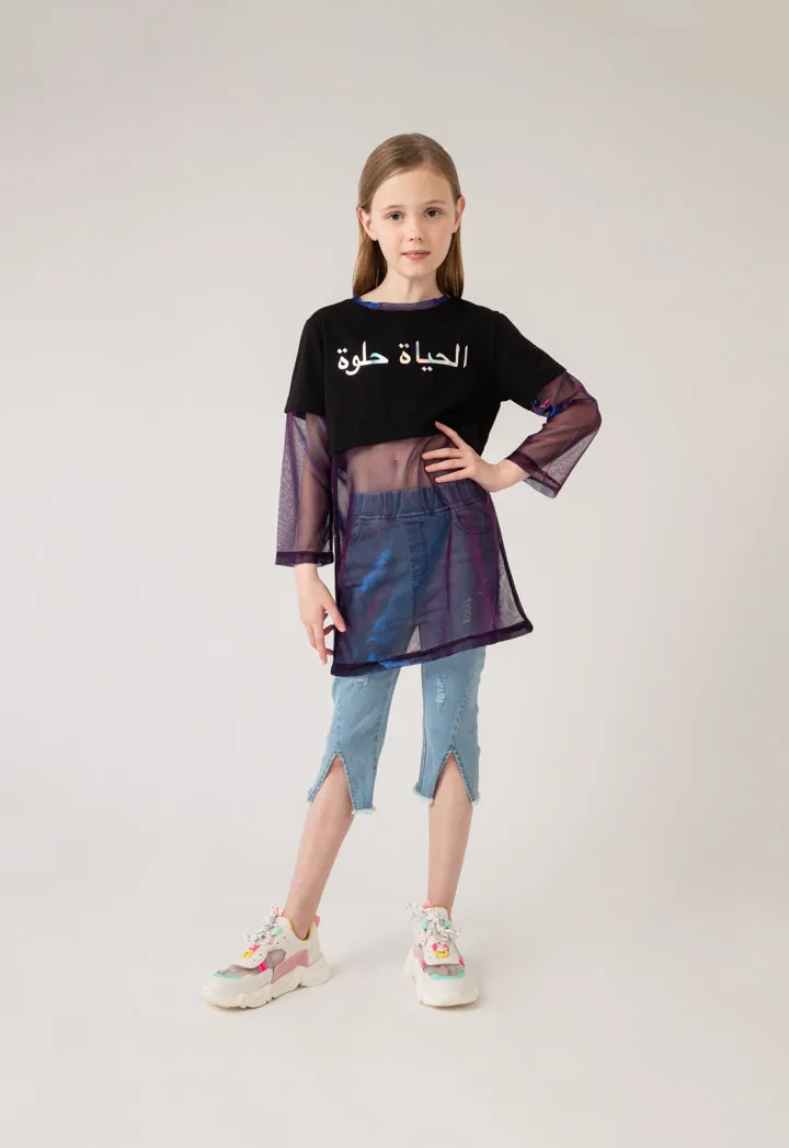 Arabic Text Print Colorblock Blouse