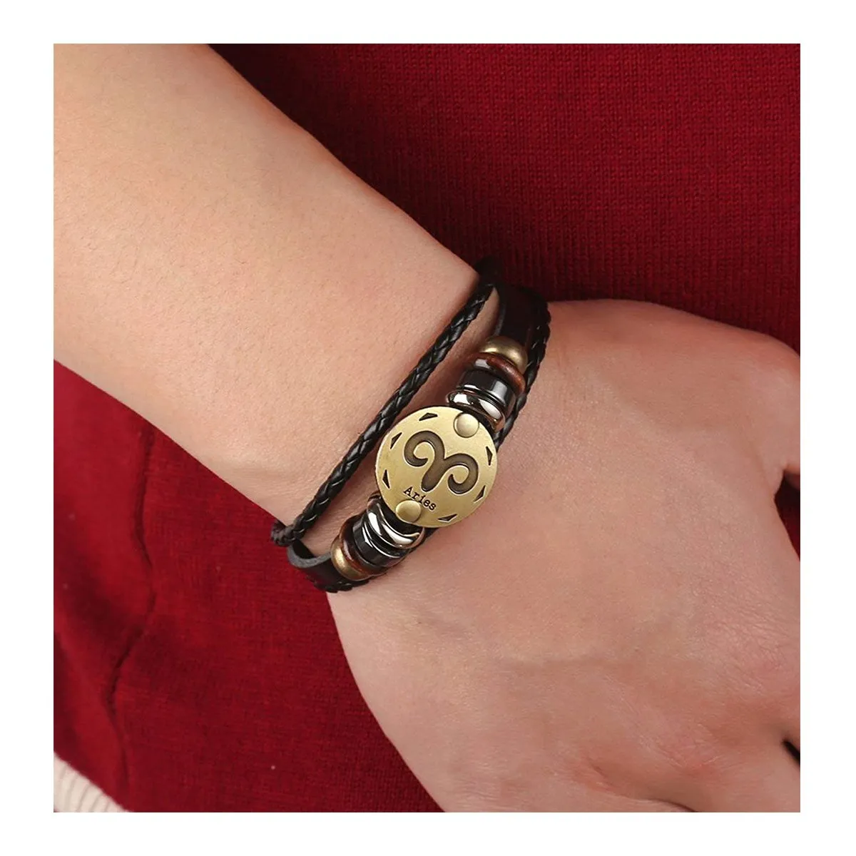 Aries Constellation Zodiac Star Copper Leather Wrist Band Bracelet