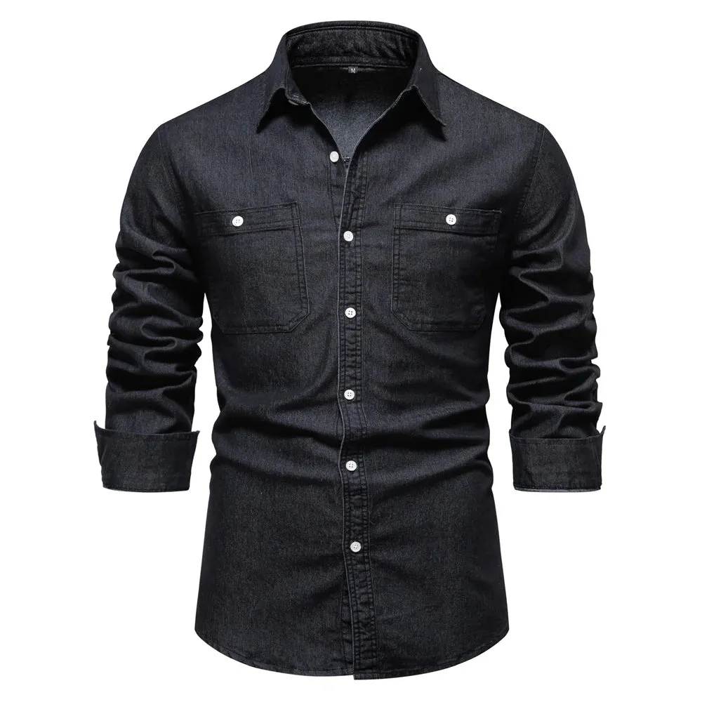 Autumn Men's Denim Shirt Cotton Elastic Casual Social Design Double Pockets Slim Jeans Shirts for Men