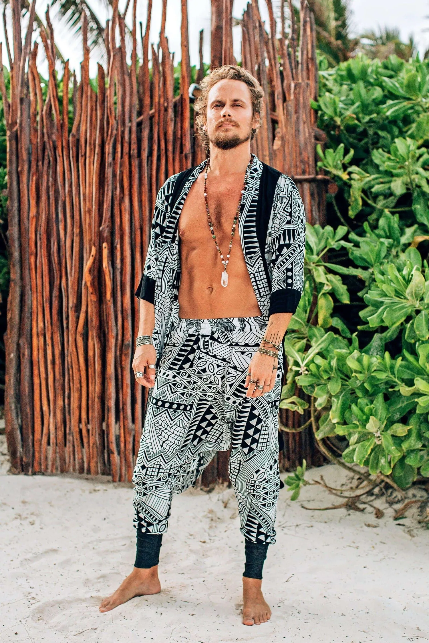 BALI SPIRIT NINJA - White Tribal Print Harem Pants