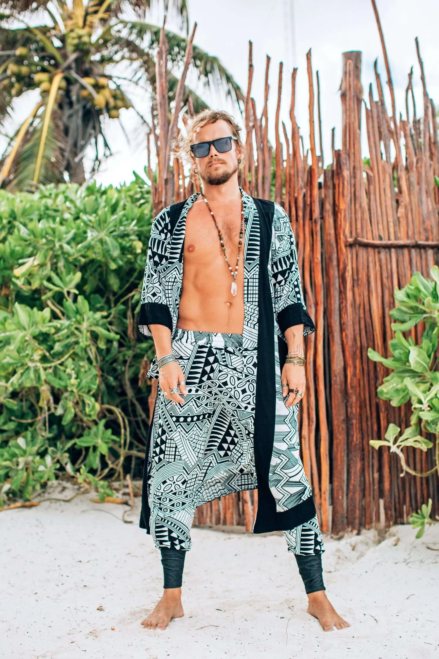 BALI SPIRIT NINJA - White Tribal Print Harem Pants