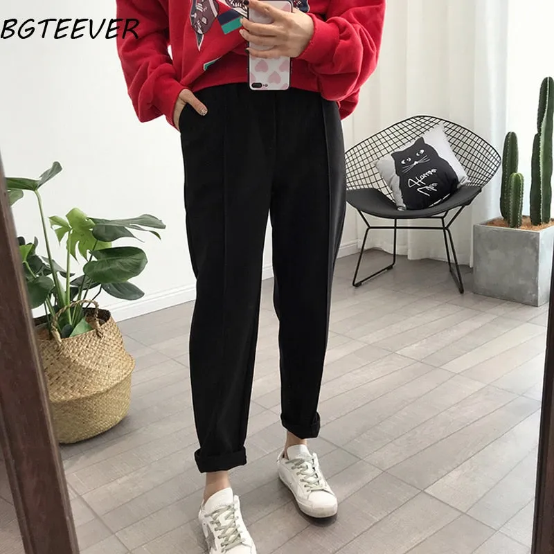 BGTEEVER Winter Thicken Women Pencil Pants Wool Pants Female Autumn High Waist Loose Trousers Capris Soft Good Fabric