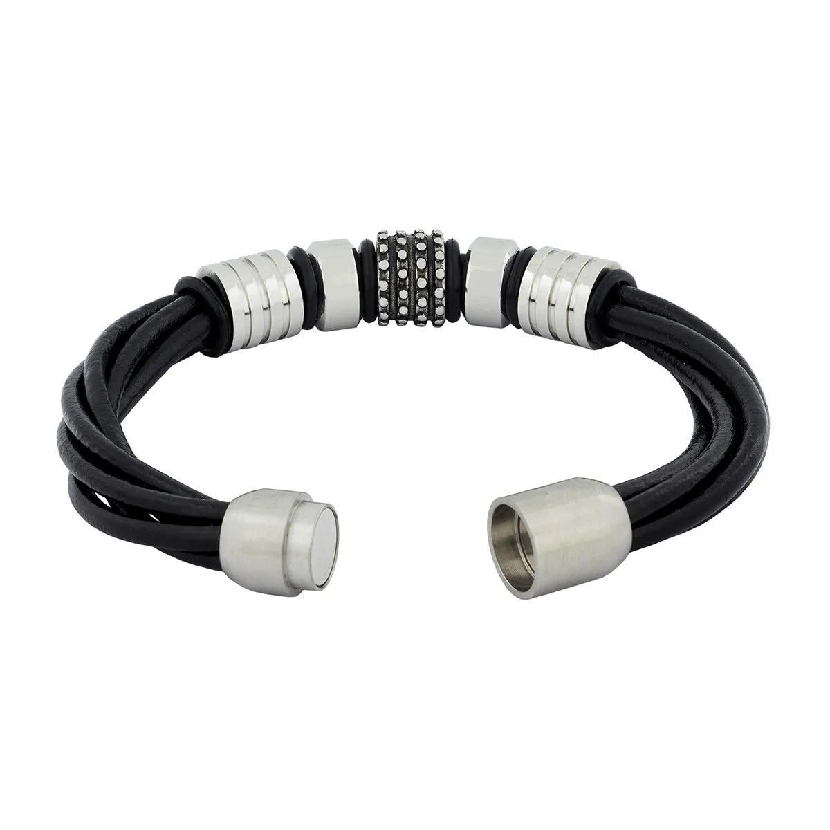 Biker Braided Black Leather Stainless Steel Wrist Band Bracelet Men