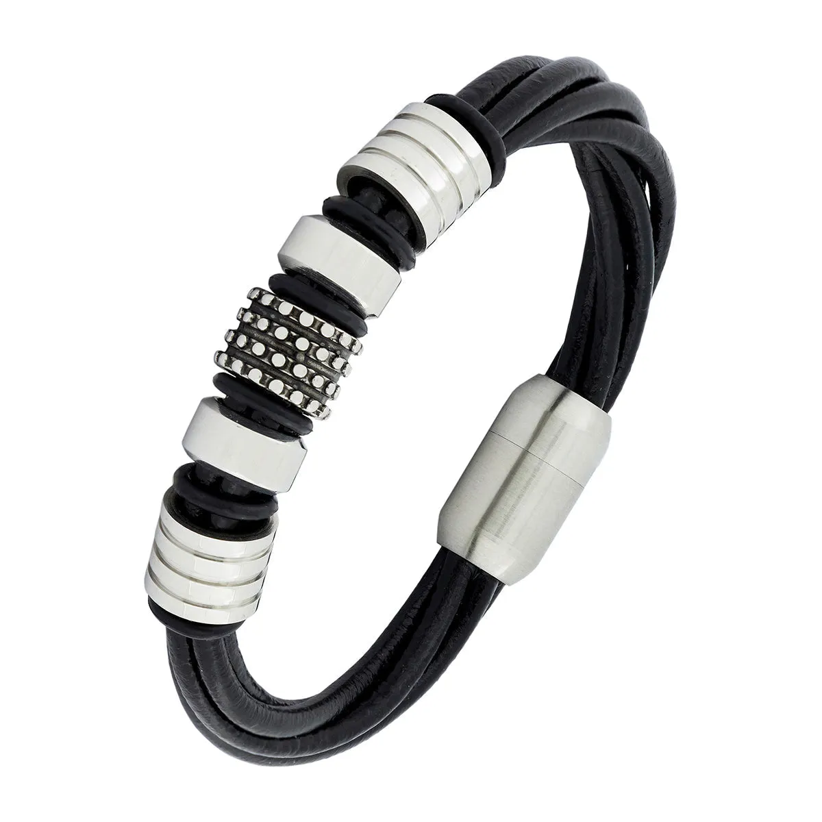 Biker Braided Black Leather Stainless Steel Wrist Band Bracelet Men