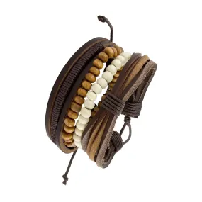 Biker Multi Strand Brown Bead Leather Wrist Band Strap Bracelet Men