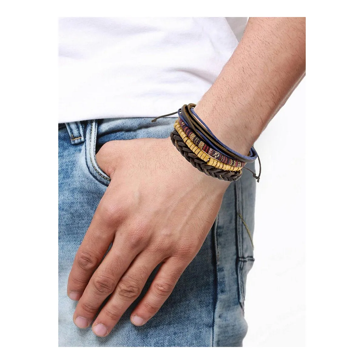 Biker Multi Strand Leather Thread Wood Beads Wrist Band Bracelet