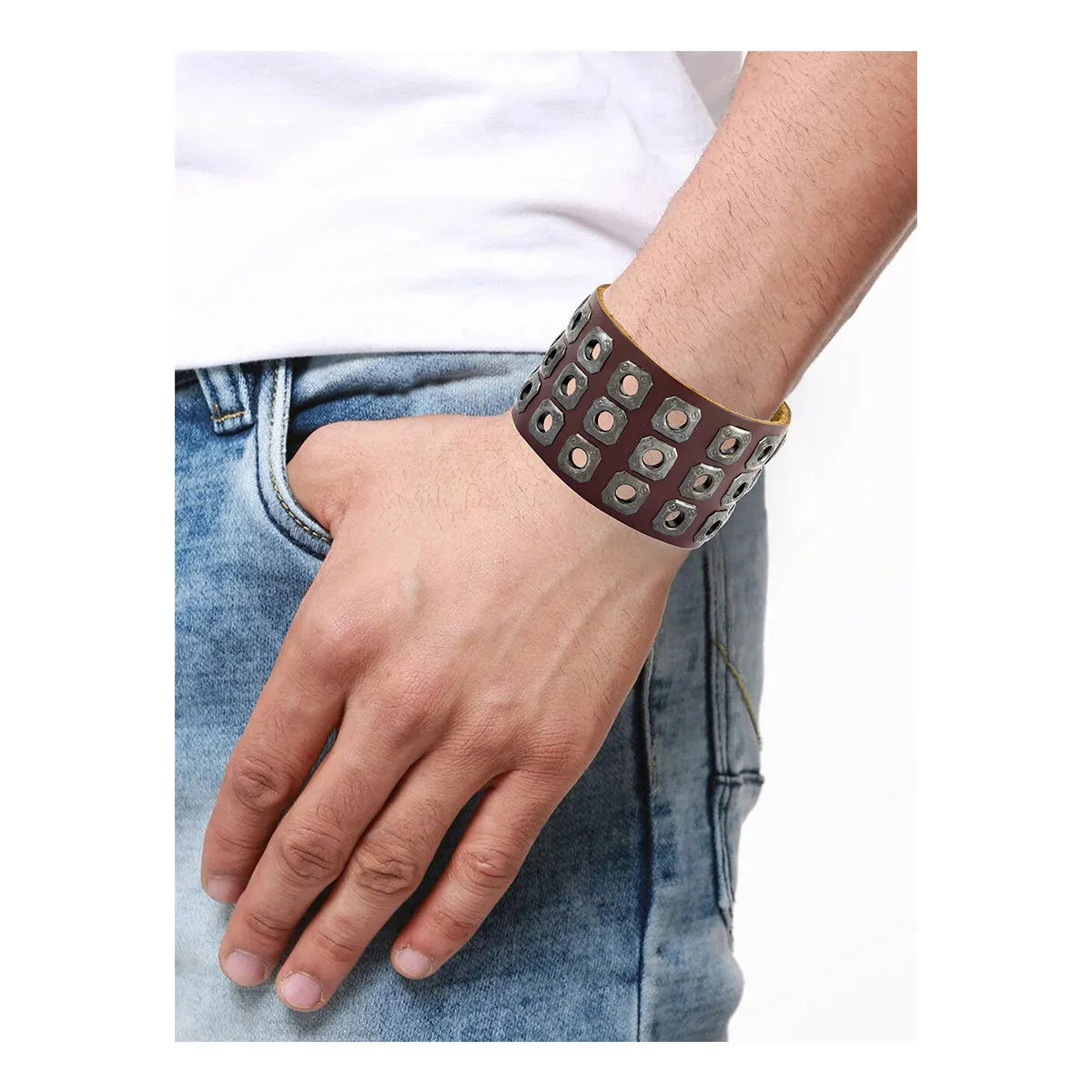 Biker Punk Funky Handcrafted Brown Leather Wrist Band Bracelet Men