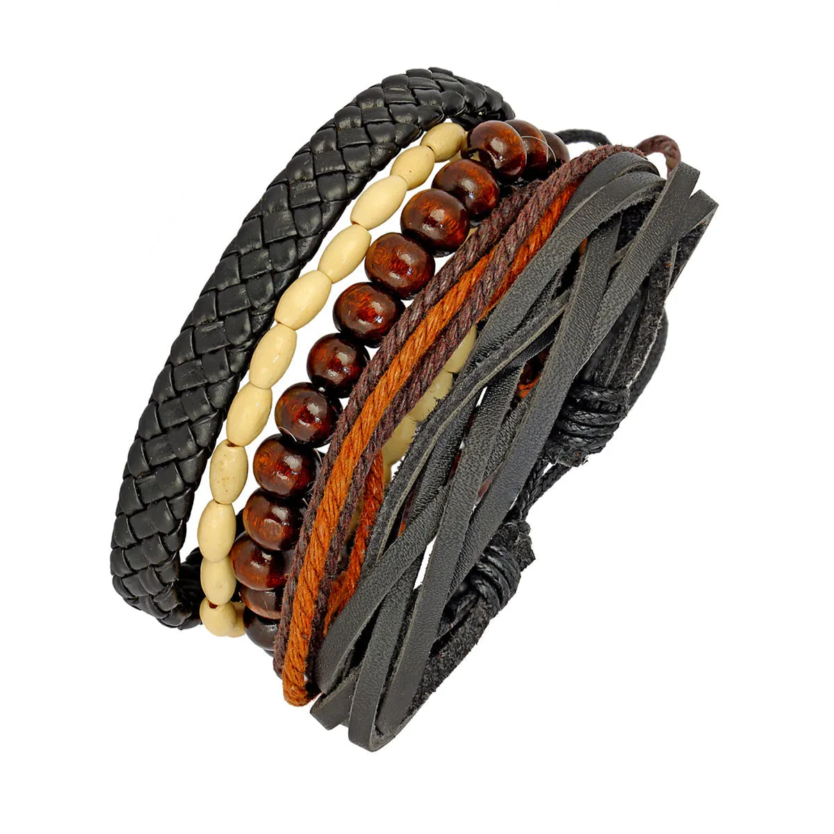 Black Leather Coconut Beads Casual Wrist Band Strand Bracelet Men