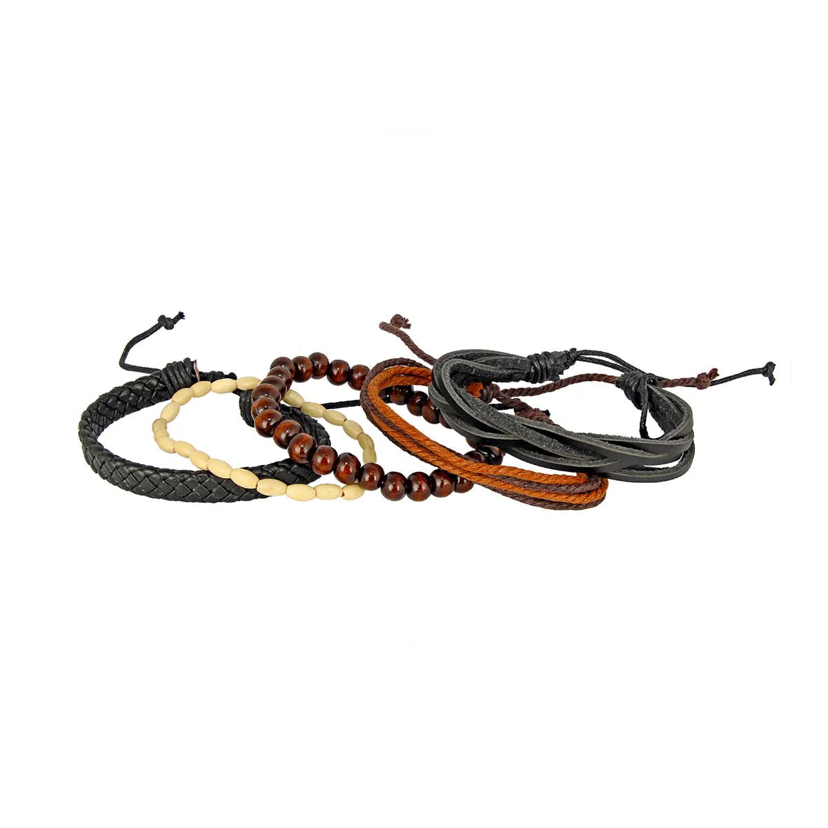 Black Leather Coconut Beads Casual Wrist Band Strand Bracelet Men