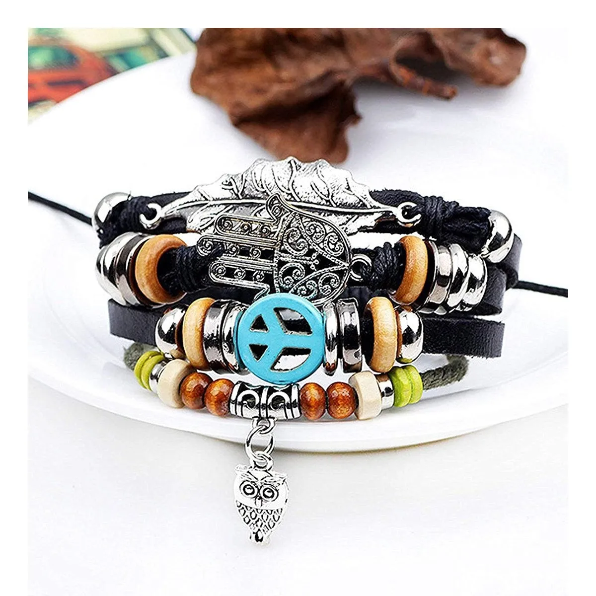 Black Leather Hamsa Peace Charm Wrist Band Multi Strand Bracelet