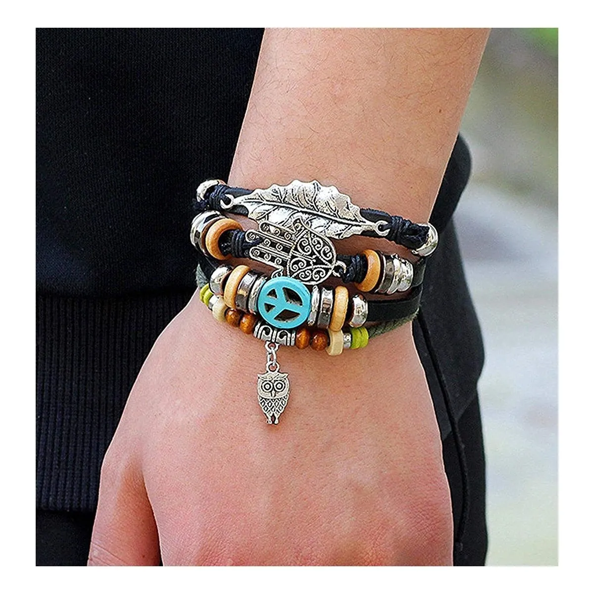 Black Leather Hamsa Peace Charm Wrist Band Multi Strand Bracelet