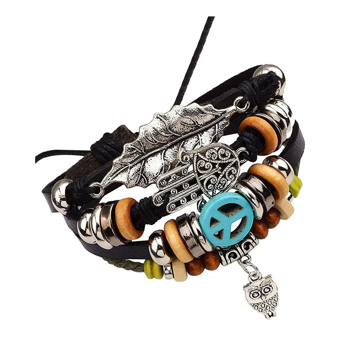 Black Leather Hamsa Peace Charm Wrist Band Multi Strand Bracelet