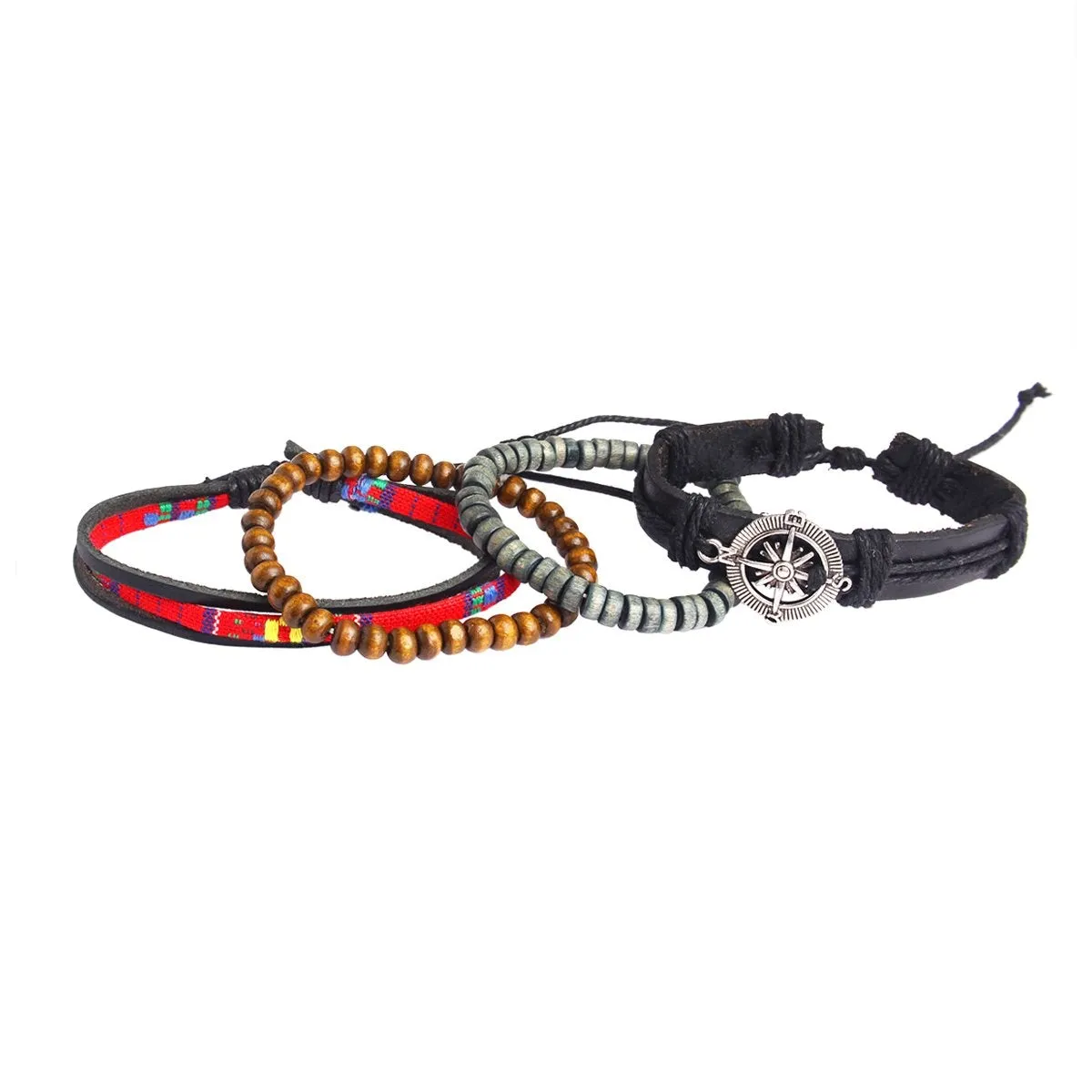 Black Leather Wood Beads Wrist Band Multi Strand Bracelet Men