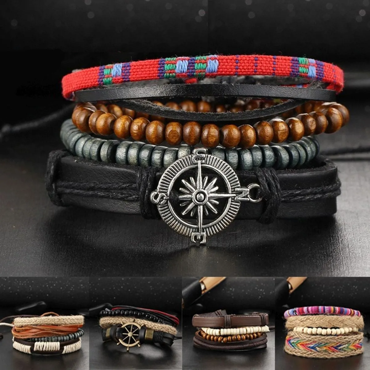 Black Leather Wood Beads Wrist Band Multi Strand Bracelet Men