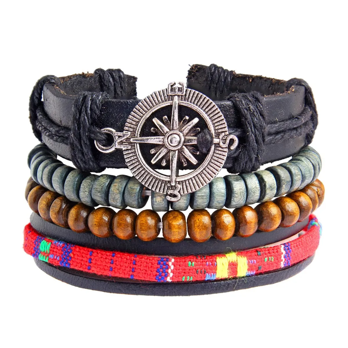 Black Leather Wood Beads Wrist Band Multi Strand Bracelet Men