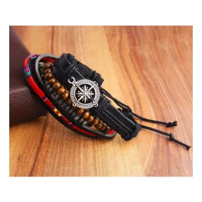 Black Leather Wood Beads Wrist Band Multi Strand Bracelet Men