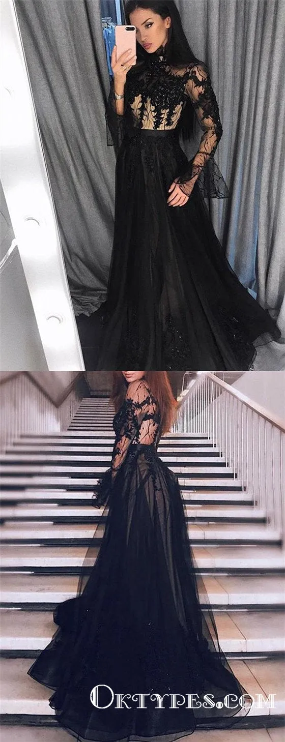 Black Long Sleeves High Neck Evening Gowns with Appliques Prom Dresses, TYP1905