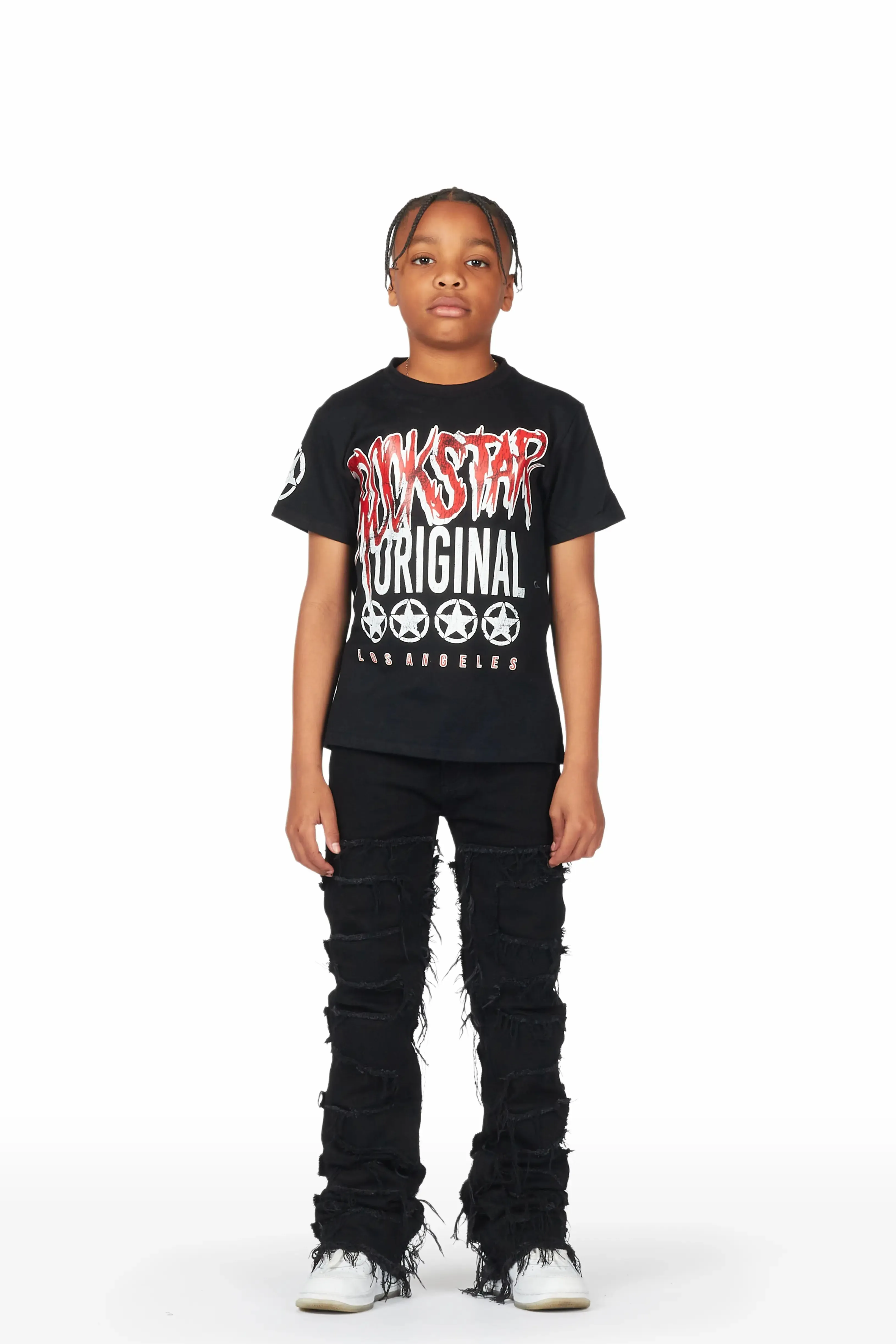 Boys Akos Black T-Shirt/Super Stacked Flare Jean