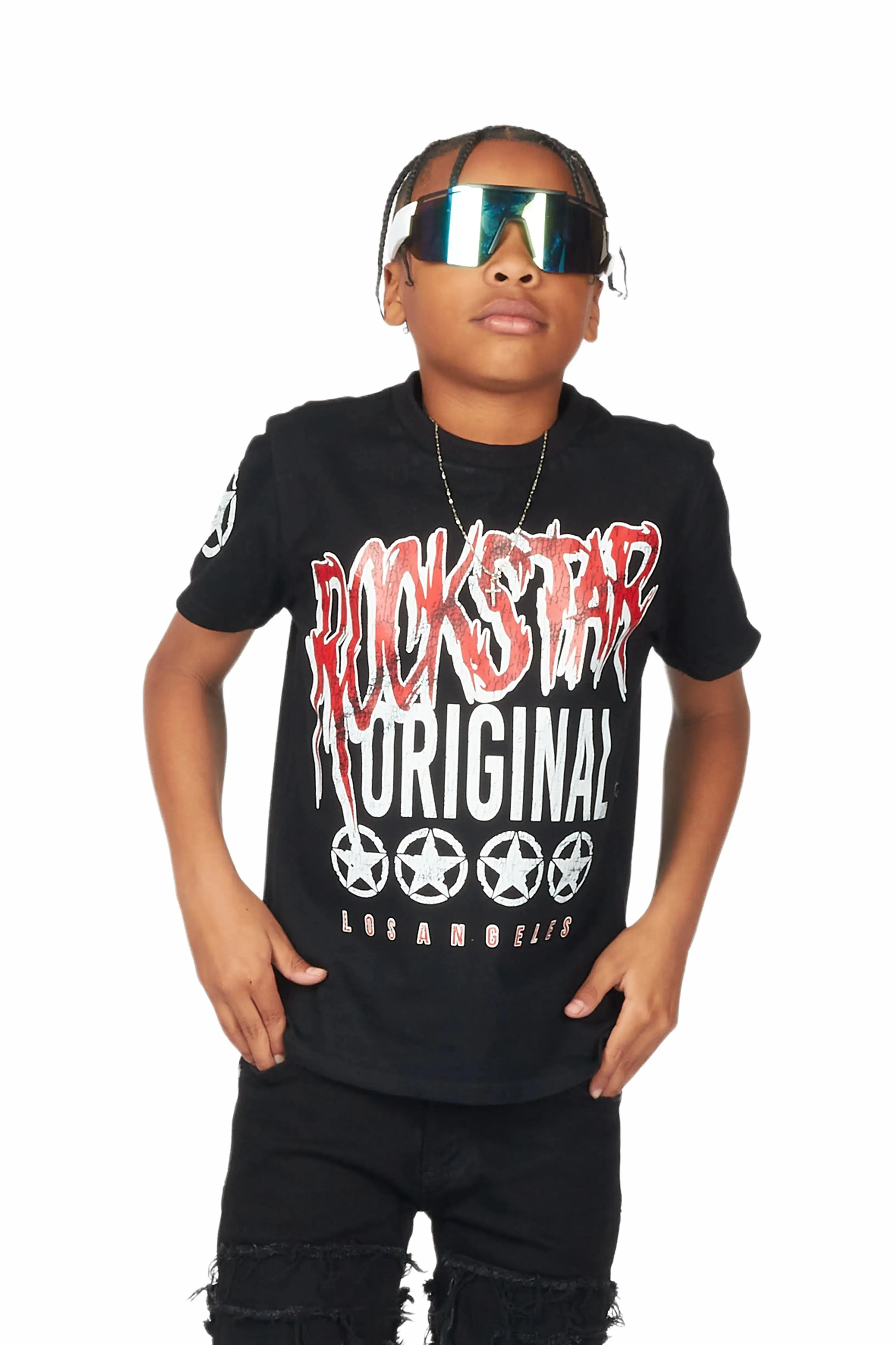 Boys Akos Black T-Shirt/Super Stacked Flare Jean