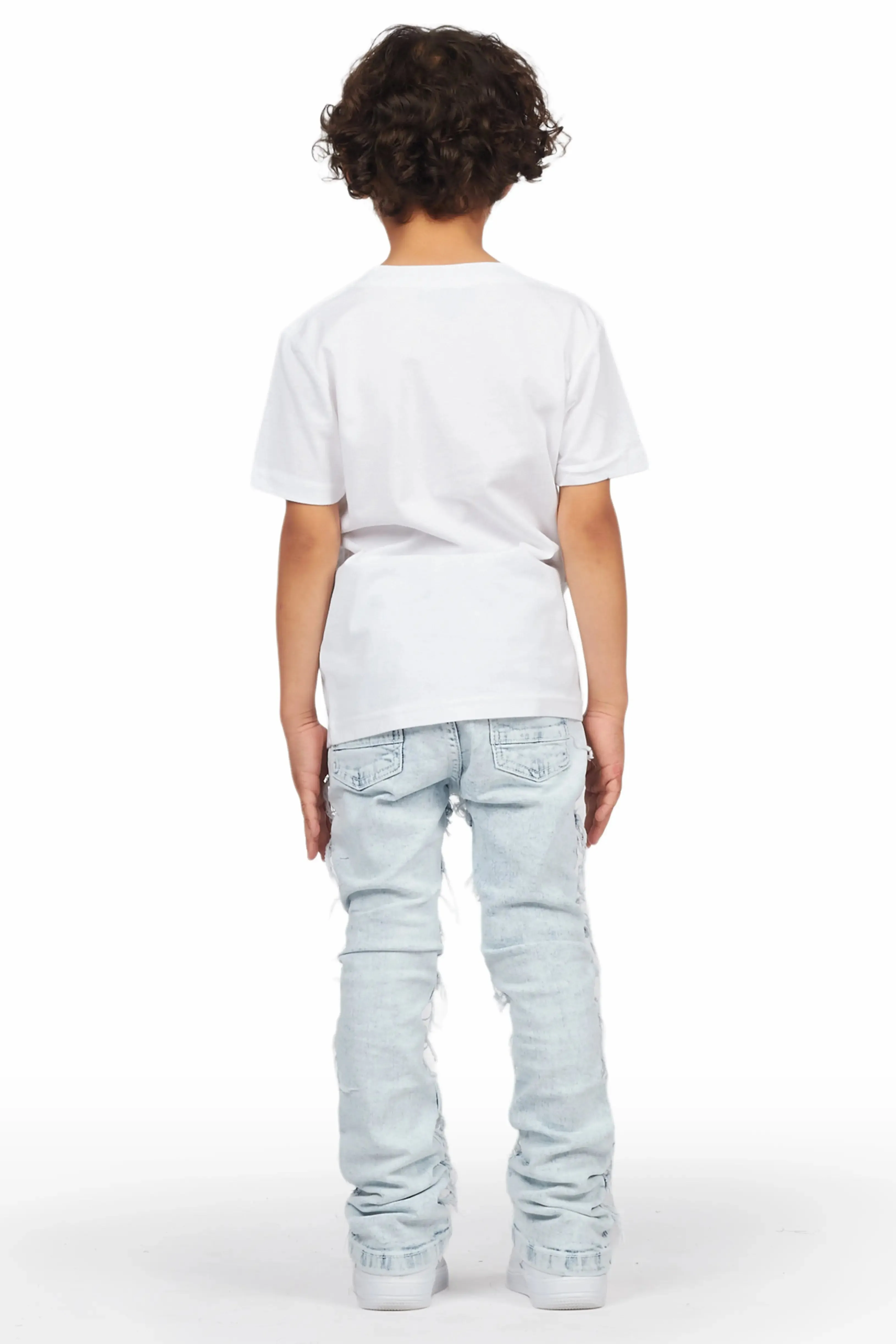 Boys Irfan White T-Shirt/Frayed Skinny Stacked Flare Jean Set