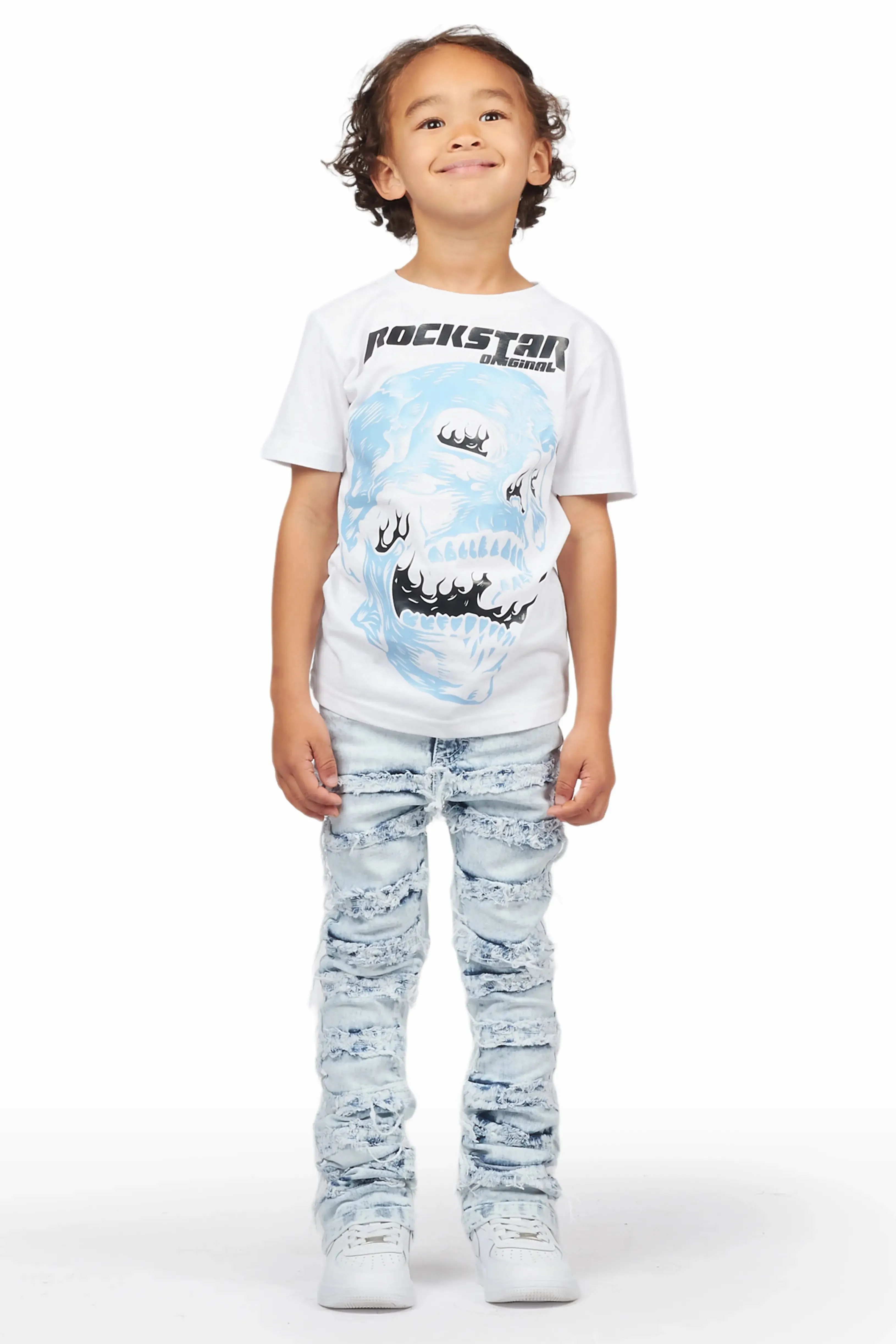 Boys Irfan White T-Shirt/Frayed Skinny Stacked Flare Jean Set