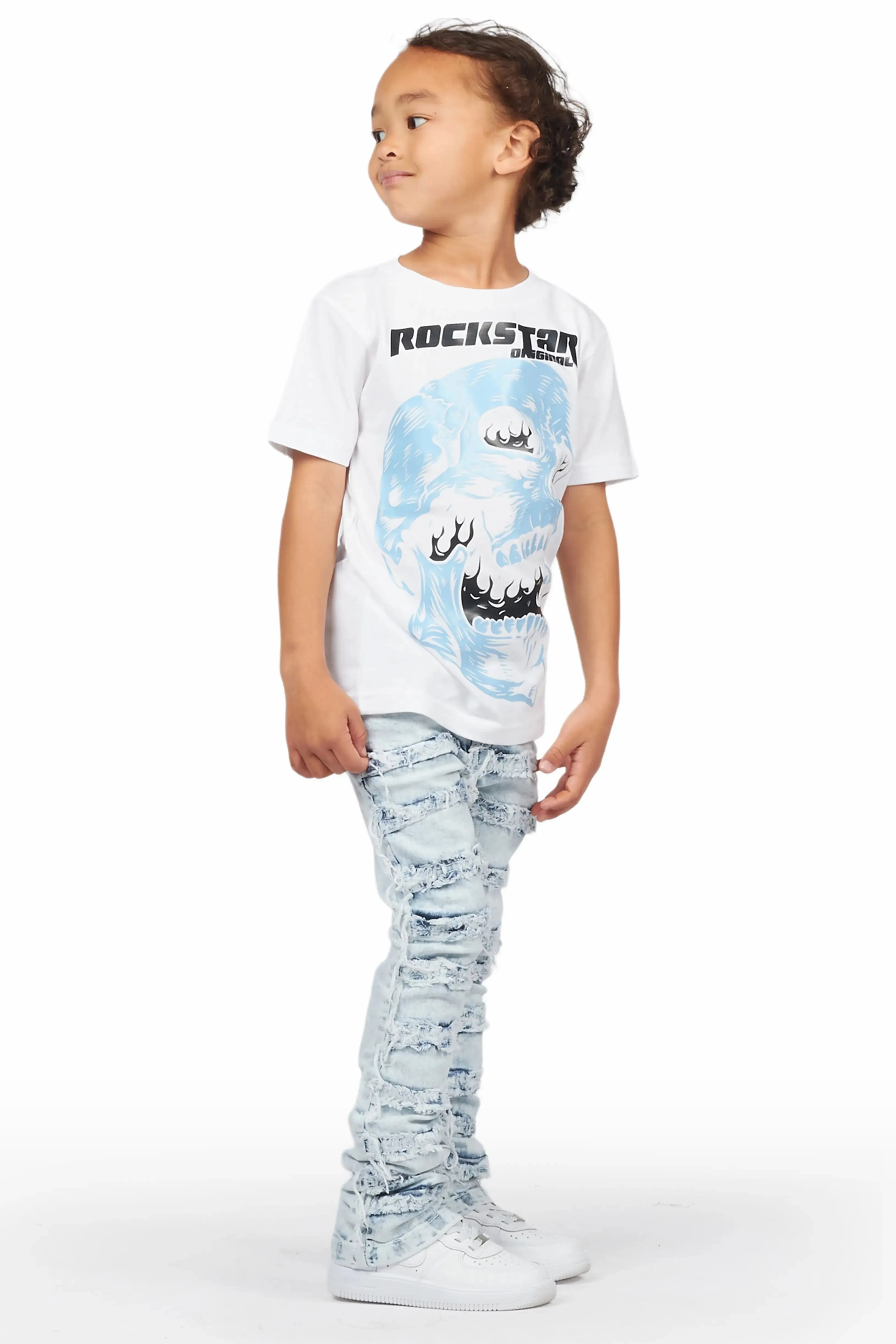 Boys Irfan White T-Shirt/Frayed Skinny Stacked Flare Jean Set