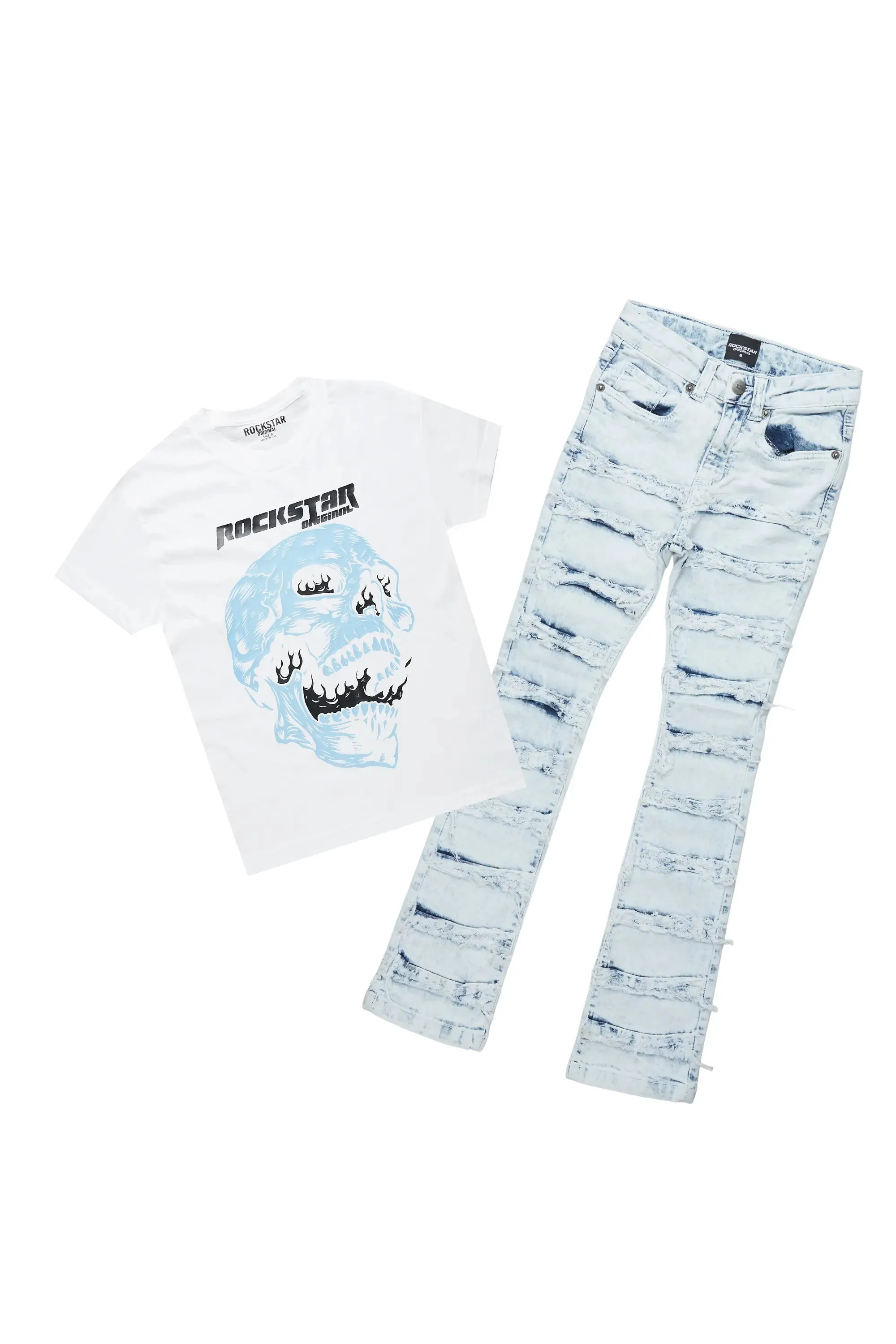 Boys Irfan White T-Shirt/Frayed Skinny Stacked Flare Jean Set