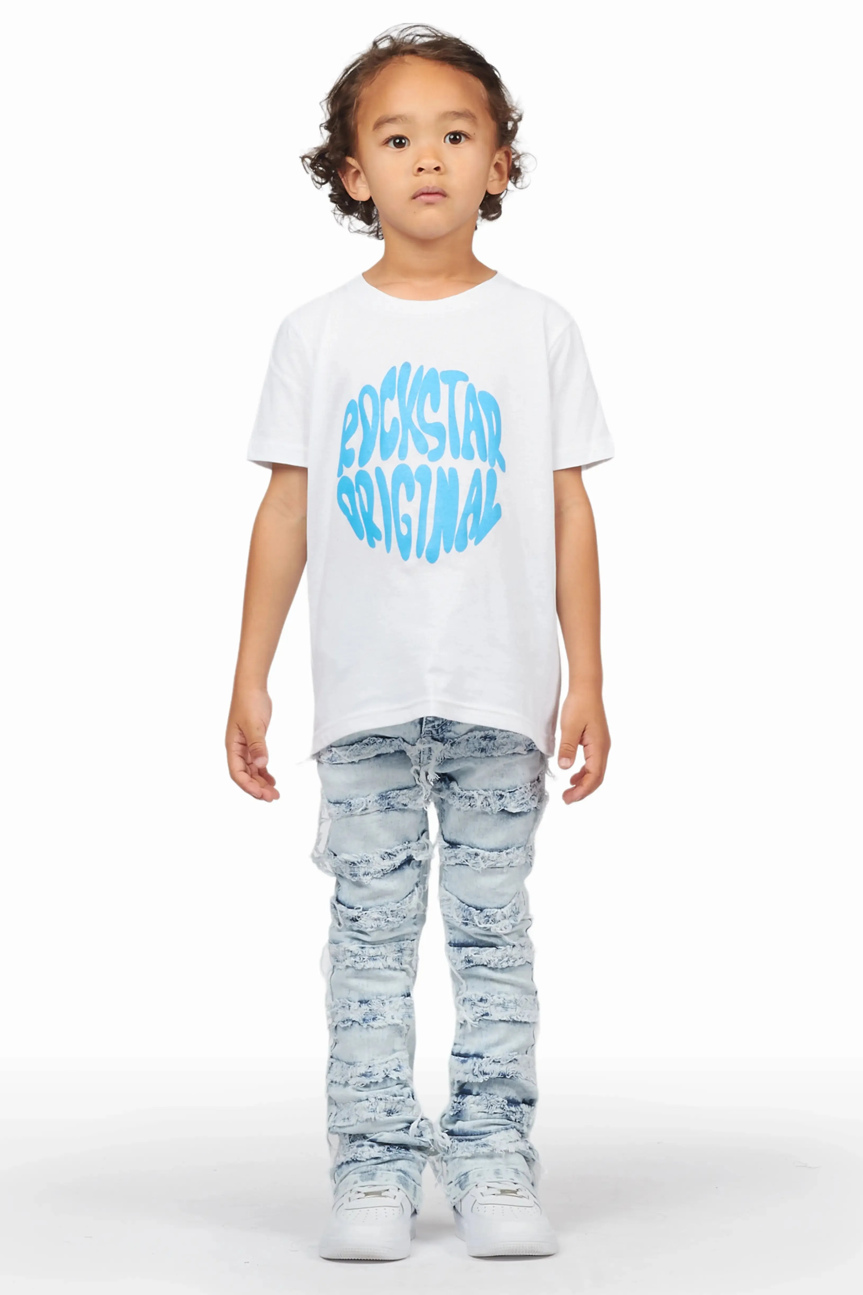 Boys Jarmo White T-Shirt/Frayed Skinny Stacked Flare Jean Set