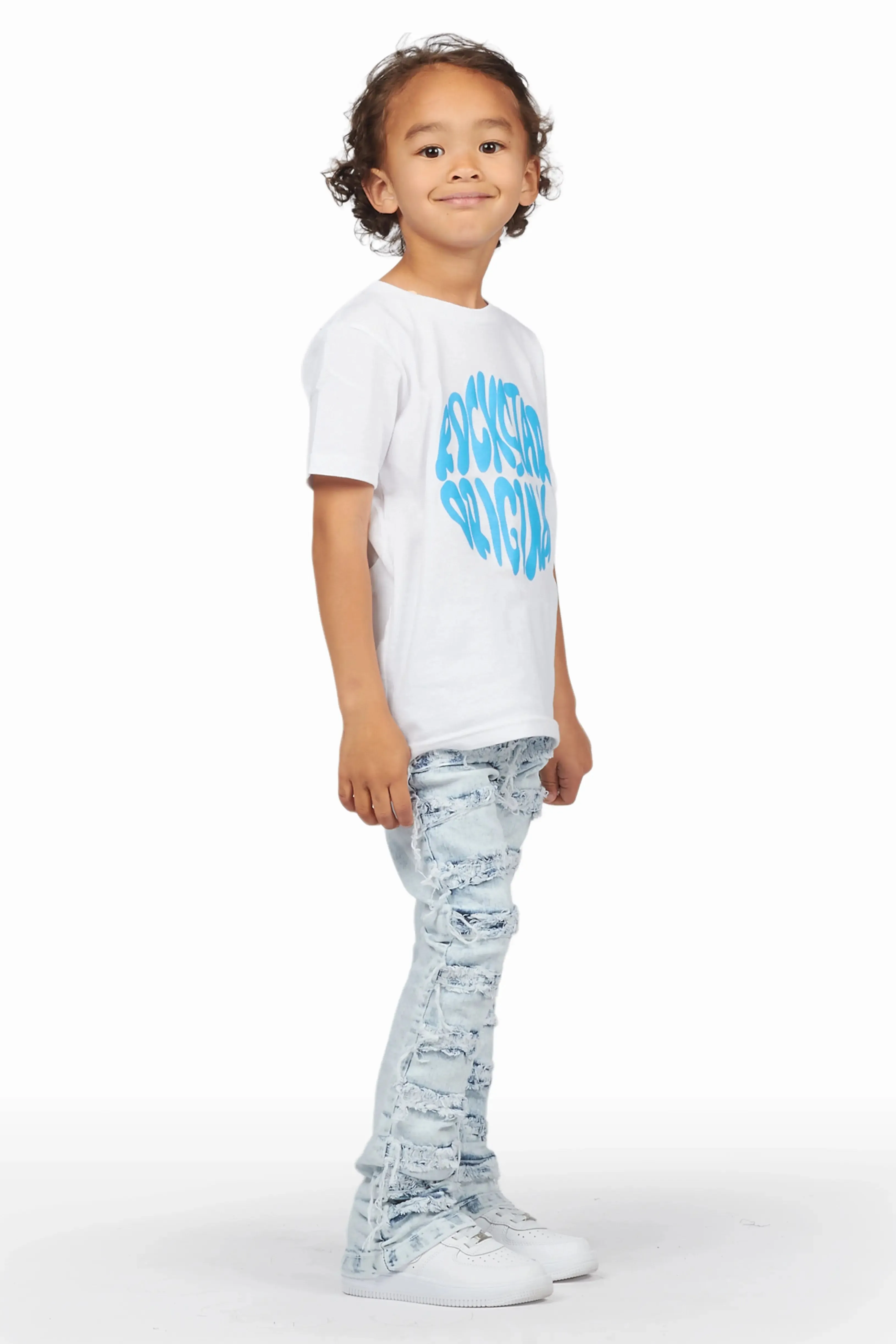 Boys Jarmo White T-Shirt/Frayed Skinny Stacked Flare Jean Set