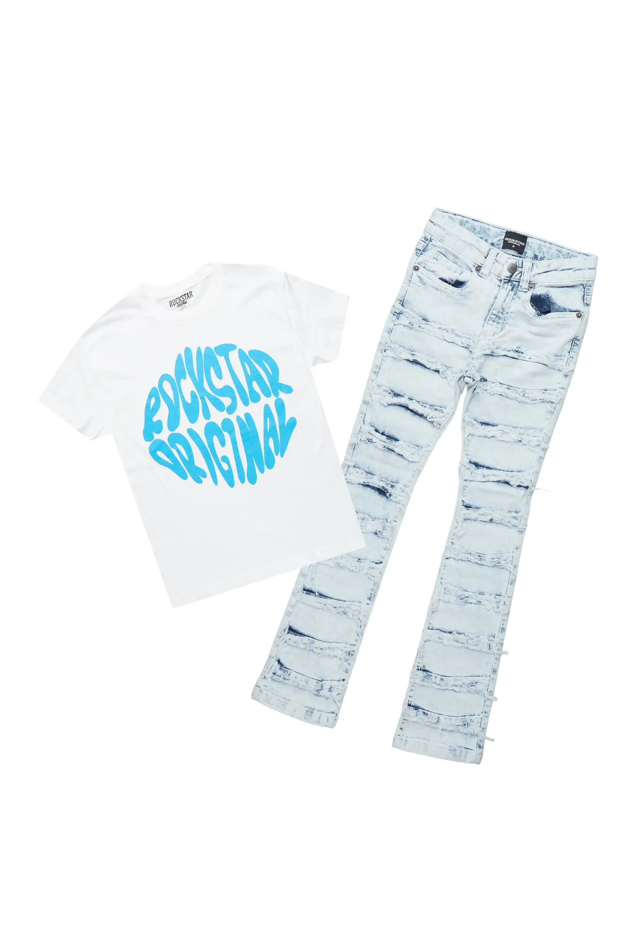 Boys Jarmo White T-Shirt/Frayed Skinny Stacked Flare Jean Set