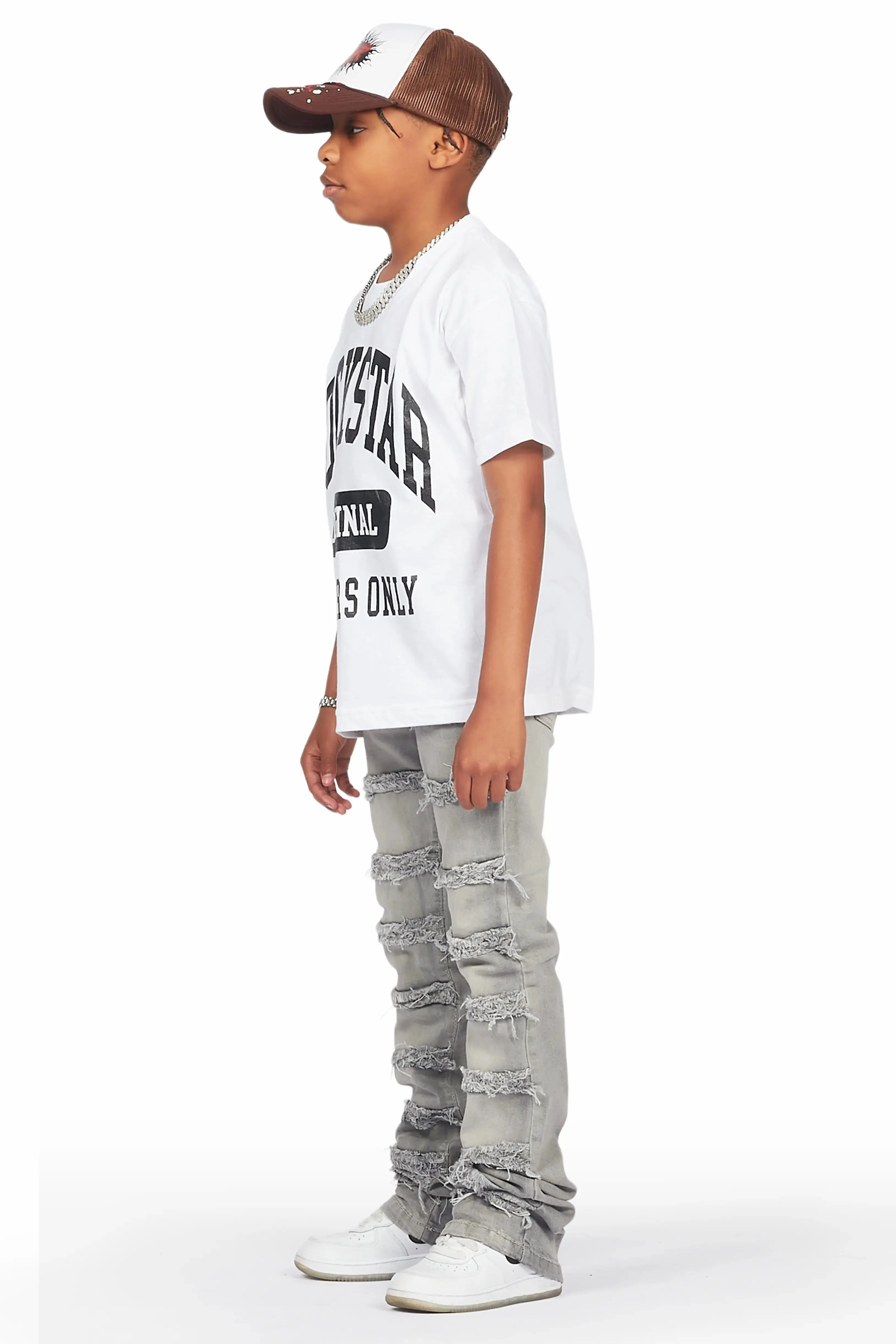 Boys Lanu White T-Shirt/Frayed Skinny Stacked Flare Jean Set