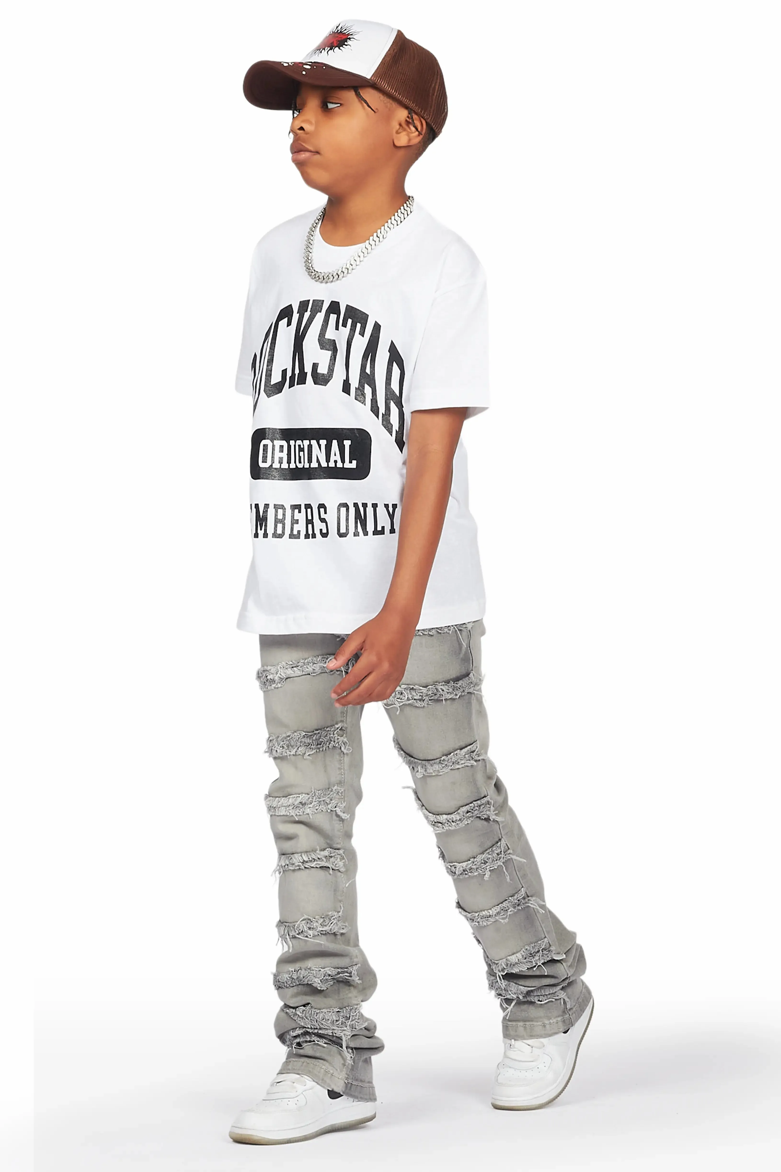 Boys Lanu White T-Shirt/Frayed Skinny Stacked Flare Jean Set