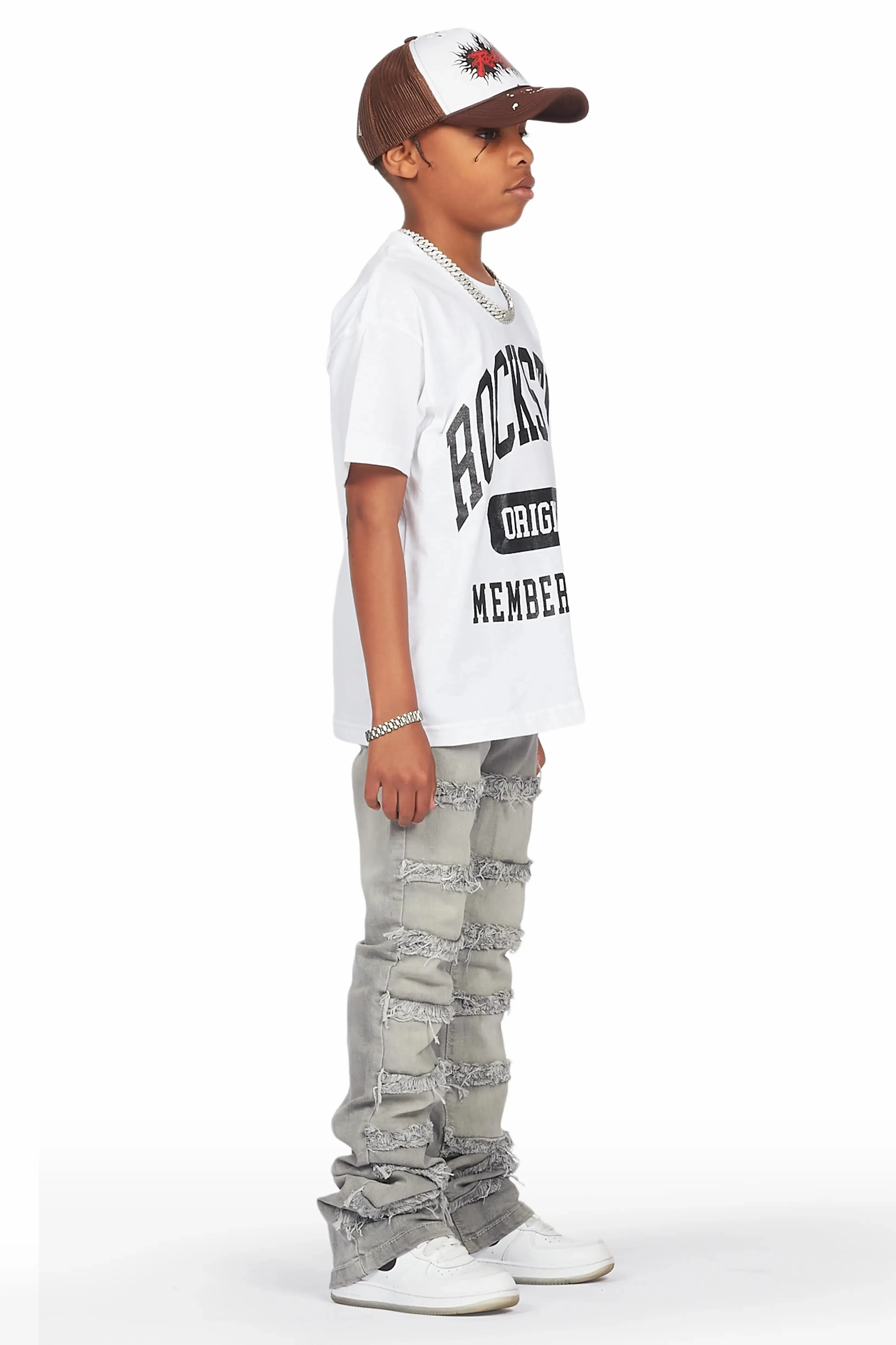 Boys Lanu White T-Shirt/Frayed Skinny Stacked Flare Jean Set