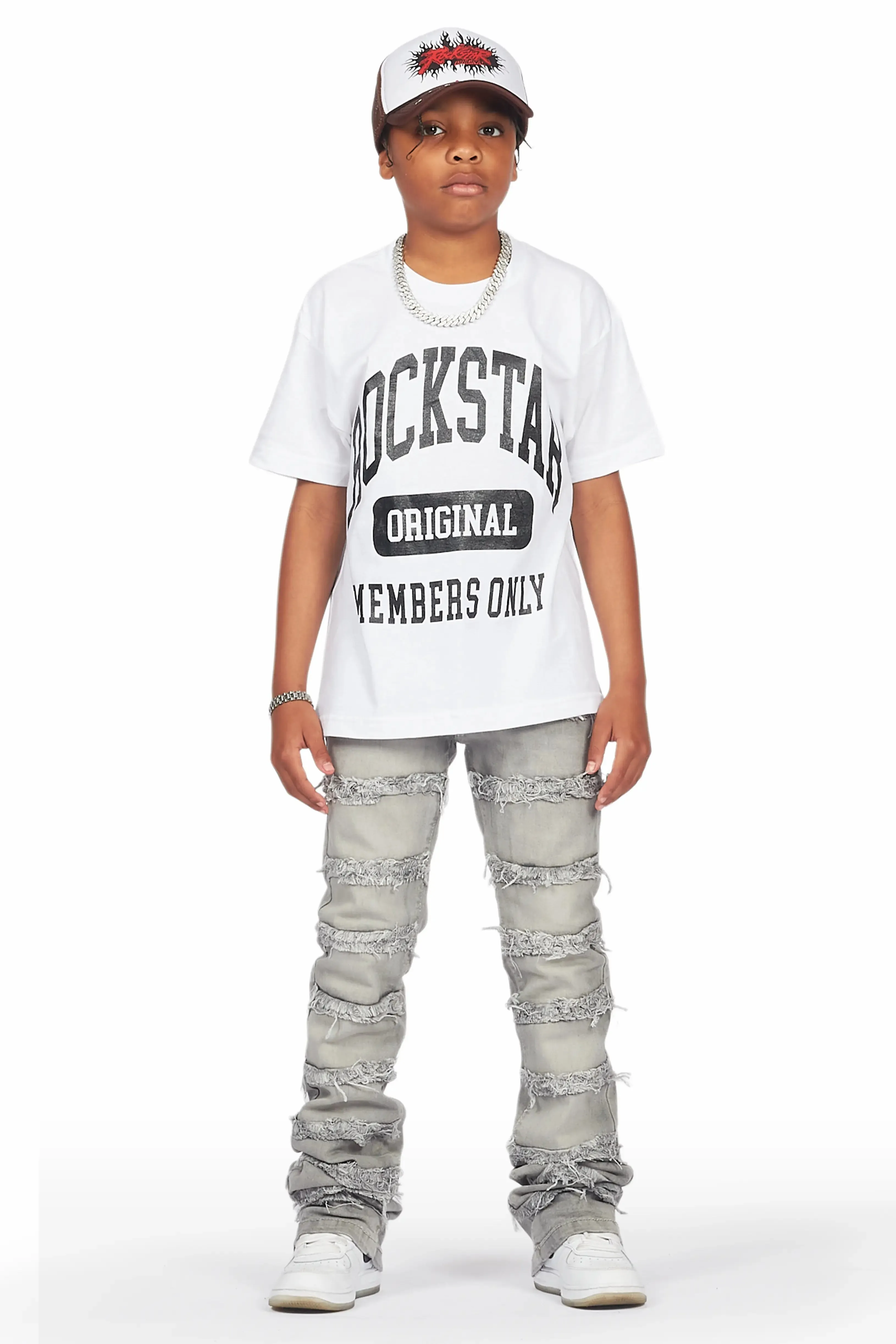 Boys Lanu White T-Shirt/Frayed Skinny Stacked Flare Jean Set