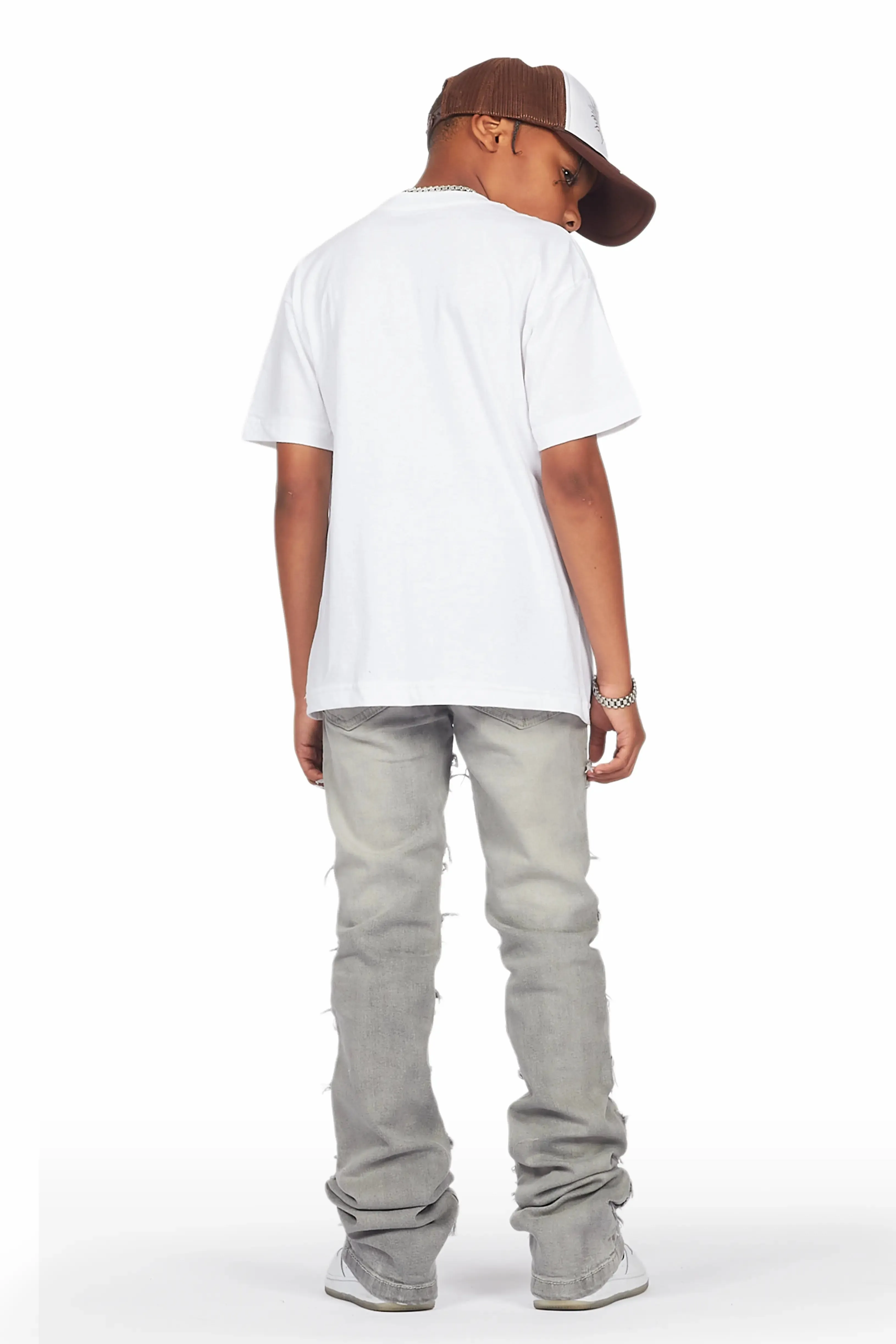 Boys Lanu White T-Shirt/Frayed Skinny Stacked Flare Jean Set